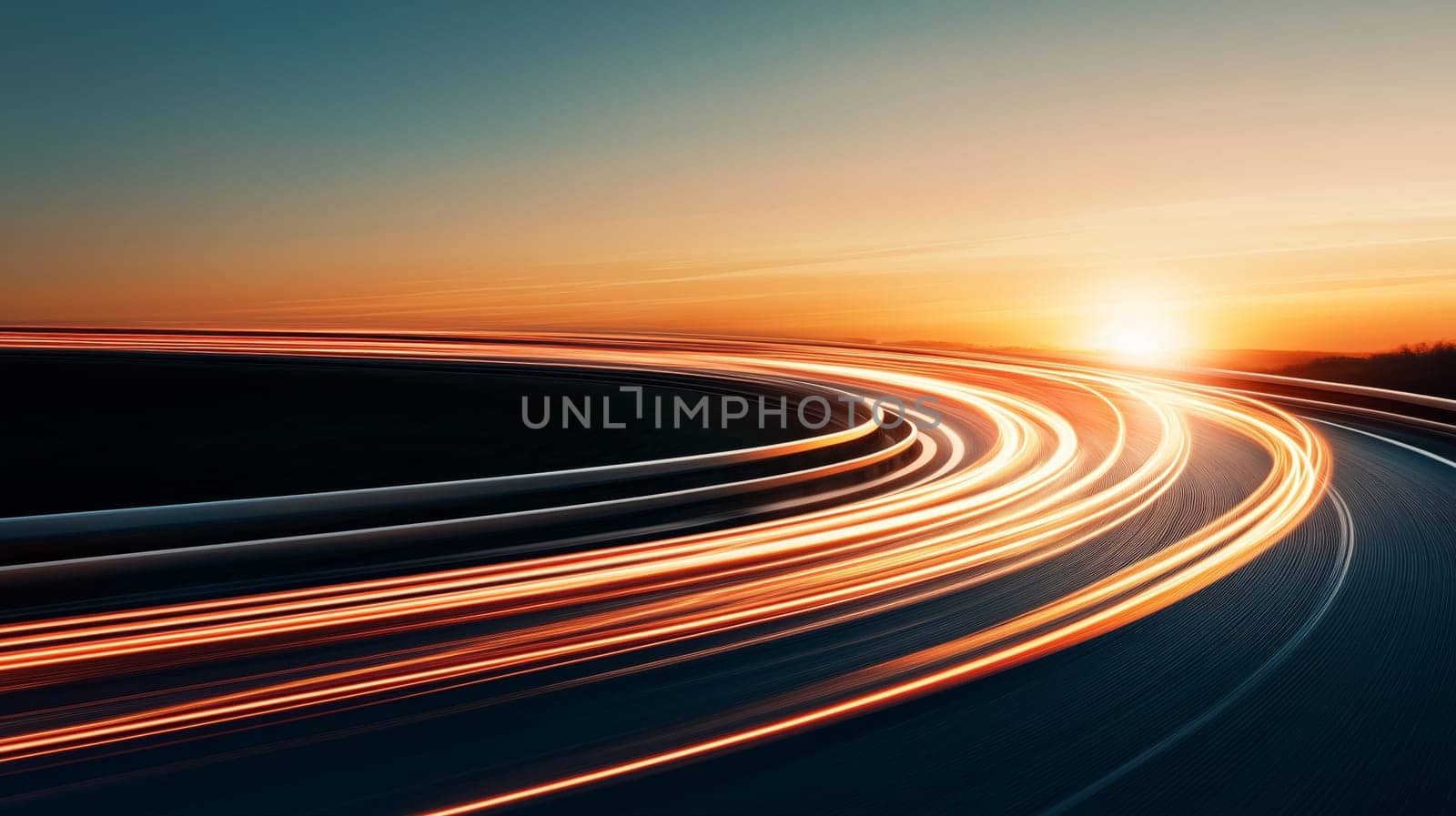 Light trails illuminate a winding road as the sun sets, creating a captivating scene of motion and tranquility