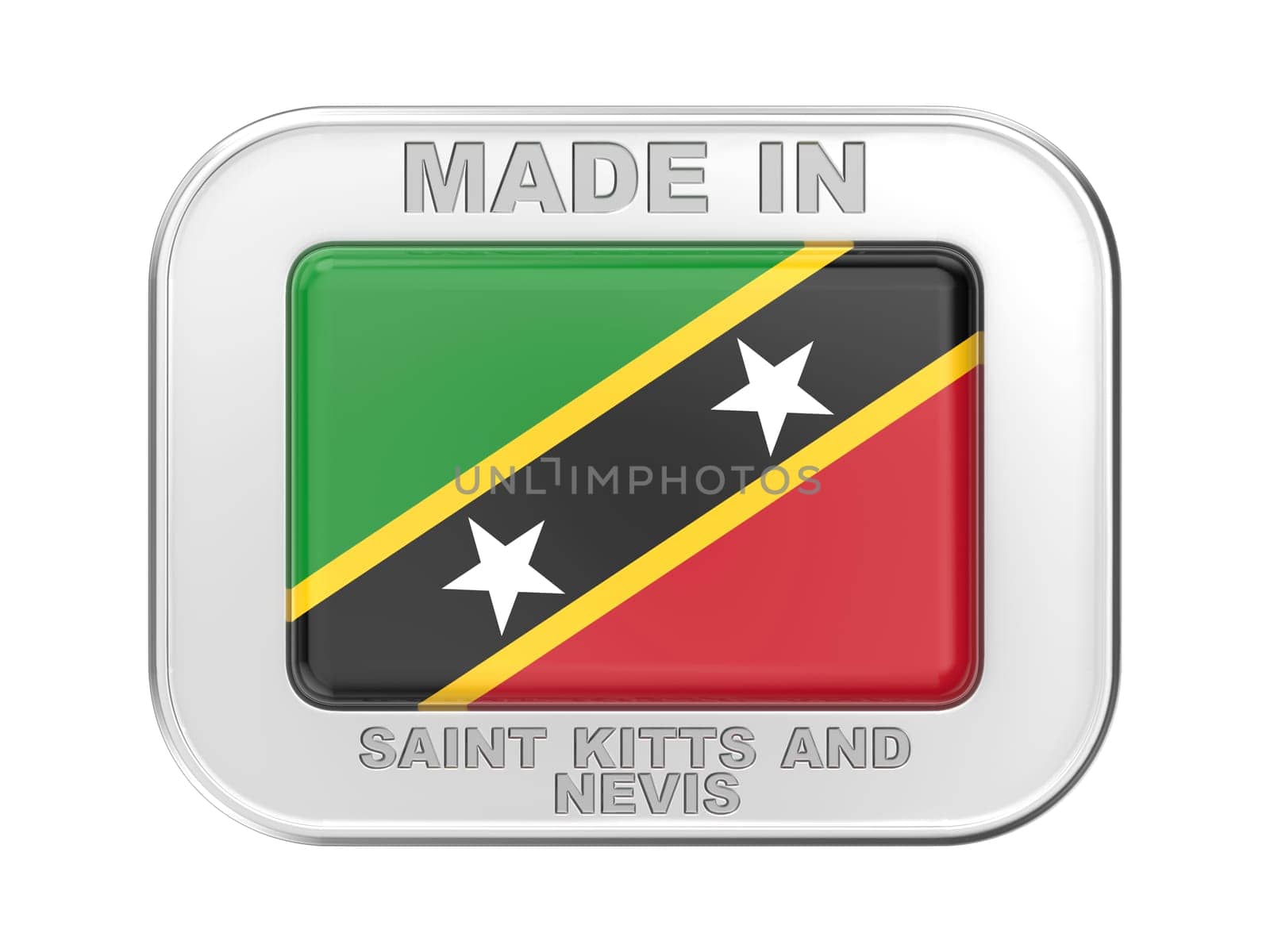 Made in Saint Kitts and Nevis, silver badge with the national flag of Saint Kitts and Nevis