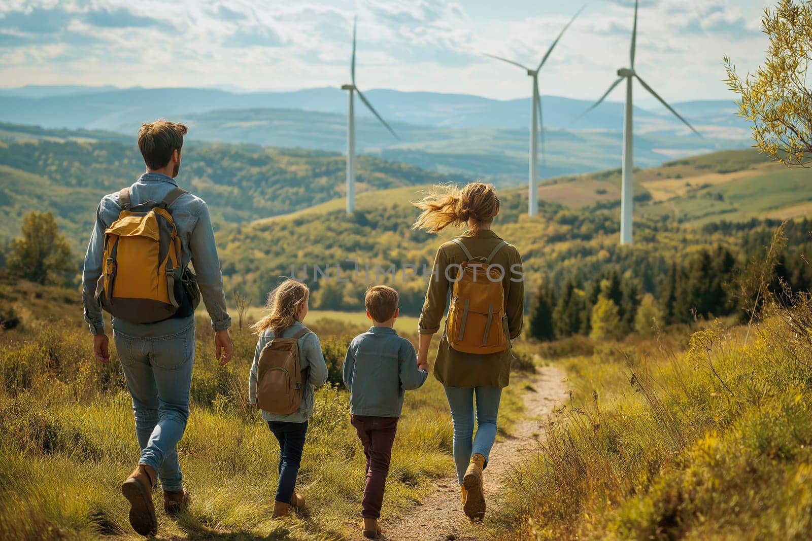 A family enjoys a hike along a trail surrounded by wind turbines and lush hills.