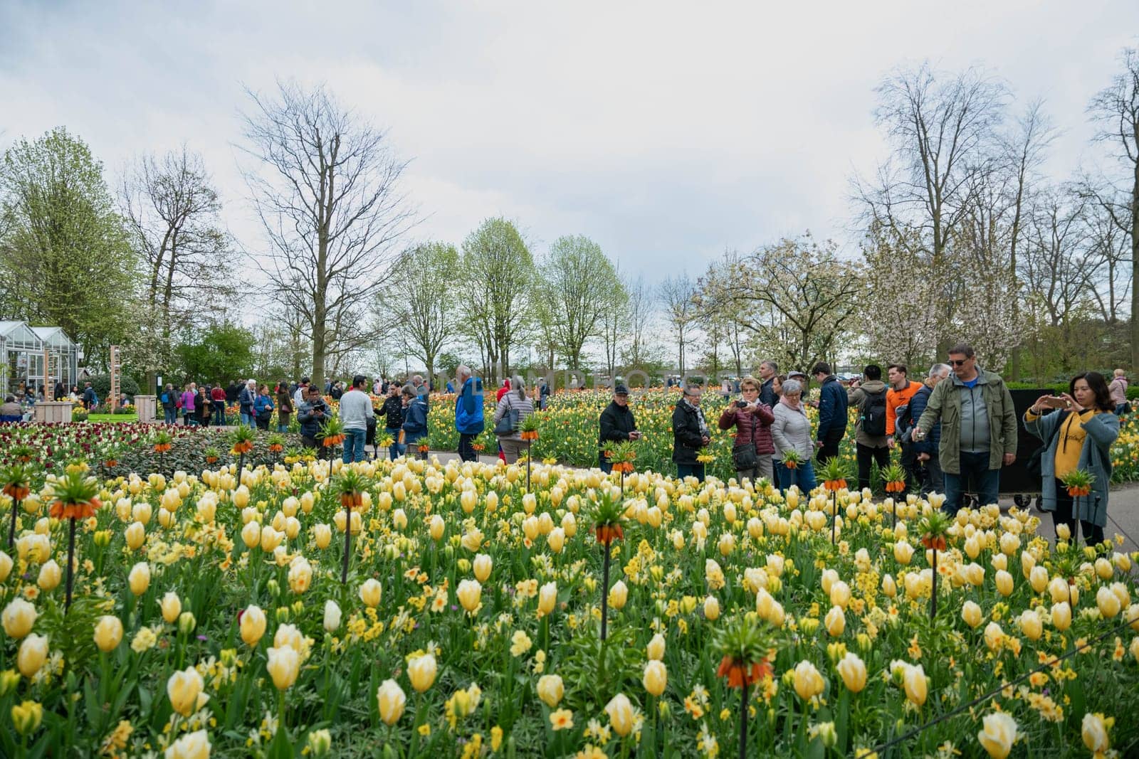 Lisse, Netherlands - April 17, 2019: Numerous people walk in a Keukenhof park View from above