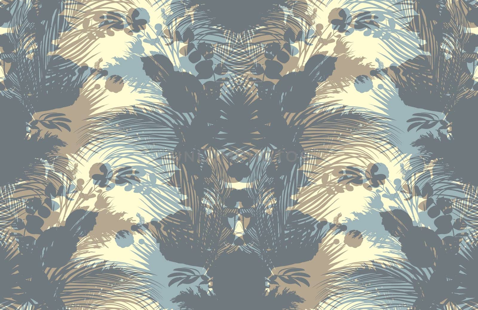 Mix of silhouettes in a seamless textile pattern with tropical leaves and branches. botanical motif for summer clothes