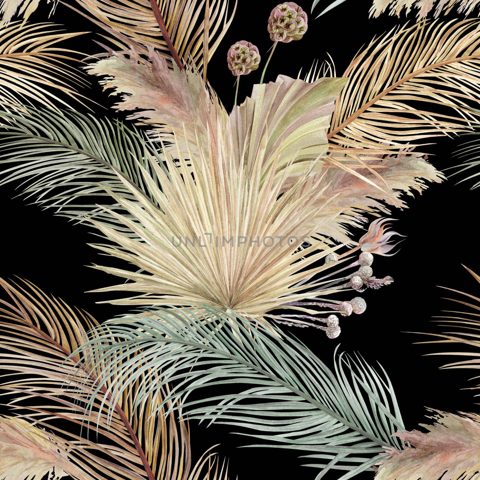 Botanical pattern with dry palm leaves collected in herbs on a black background. Summer watercolor motif for textile and design