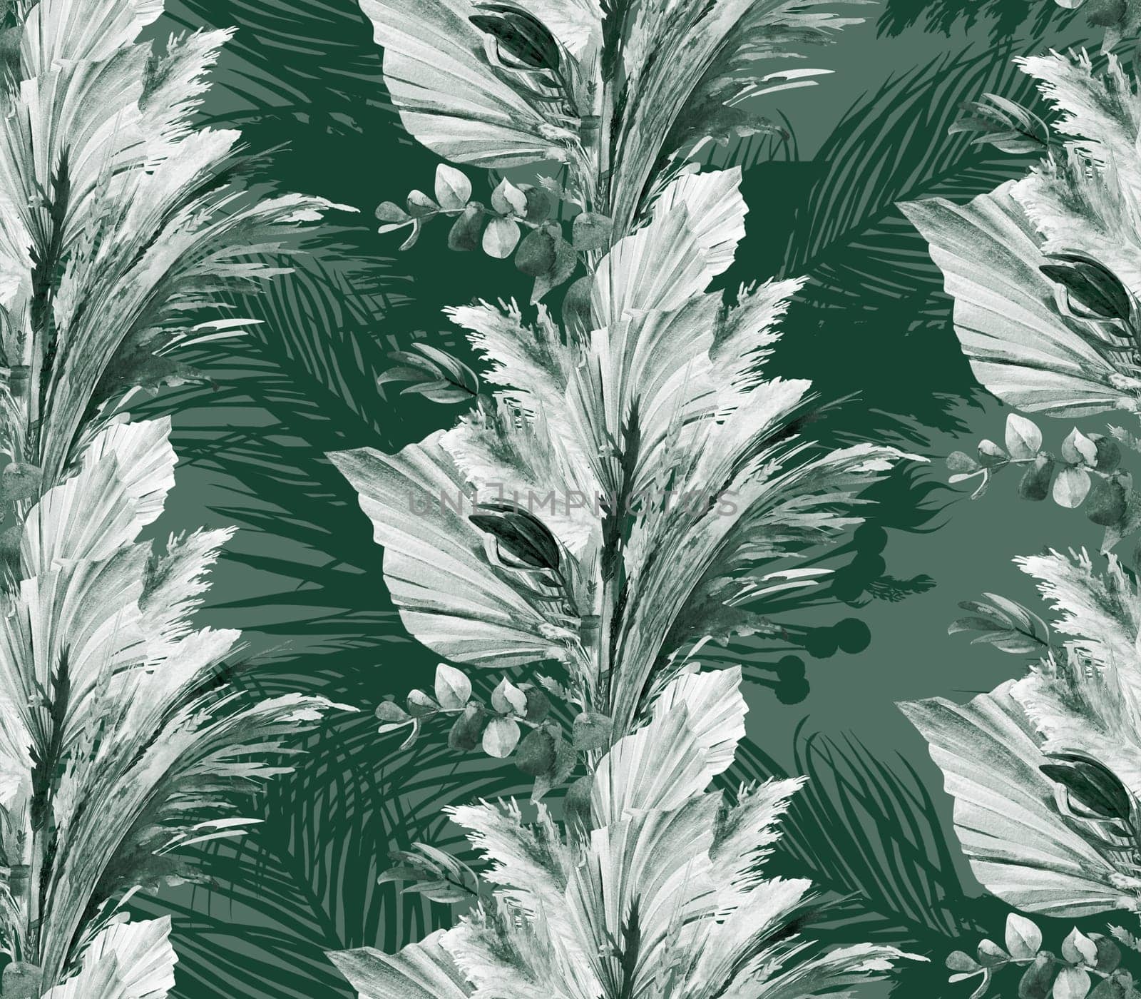 Monochrome botanical motif of tropical dried flowers with palm leaves and pampas grass in shades of green for textile and surface design