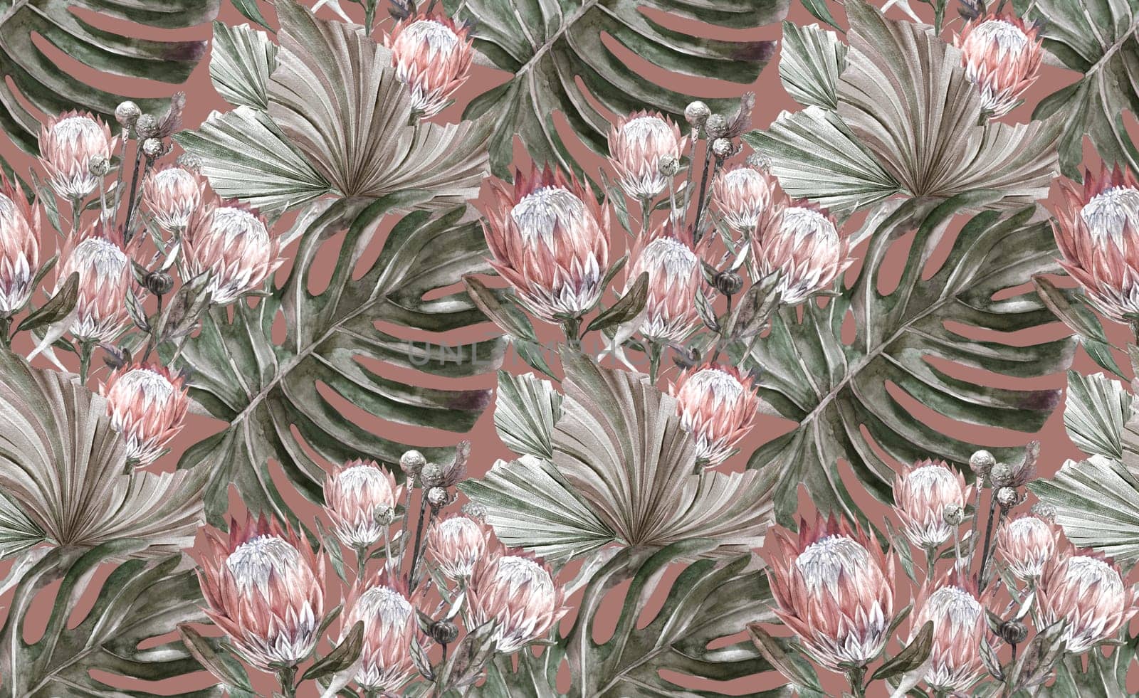 watercolor seamless pattern with dried protea flowers and monstera leaves on a brown background in Boho style for textiles and surface design