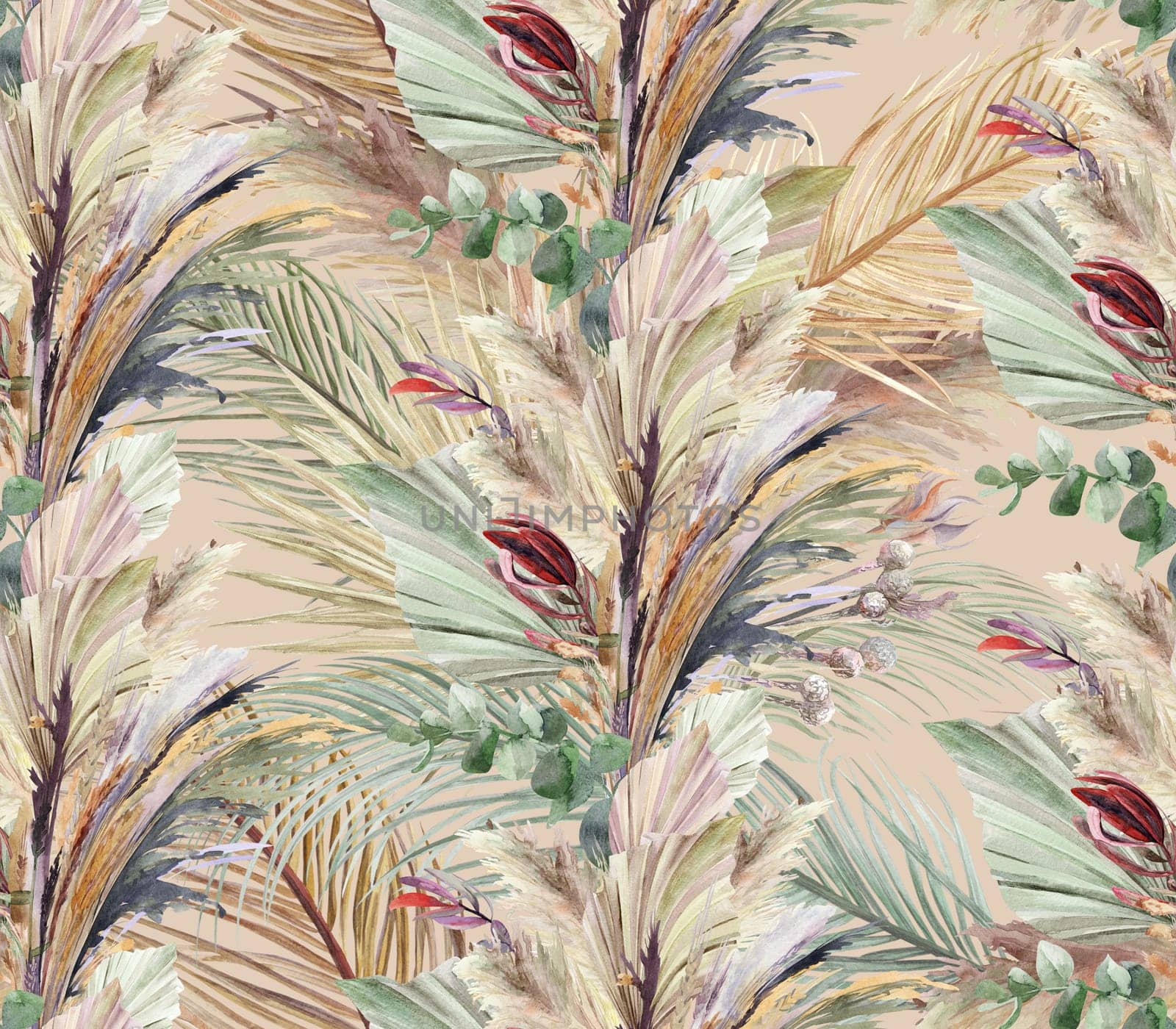 Seamless pattern with a bouquet of dried flowers in Boho style with palm leaves and dried flowers on a beige background for textile and surface design. Summer botanical motif for a graceful design