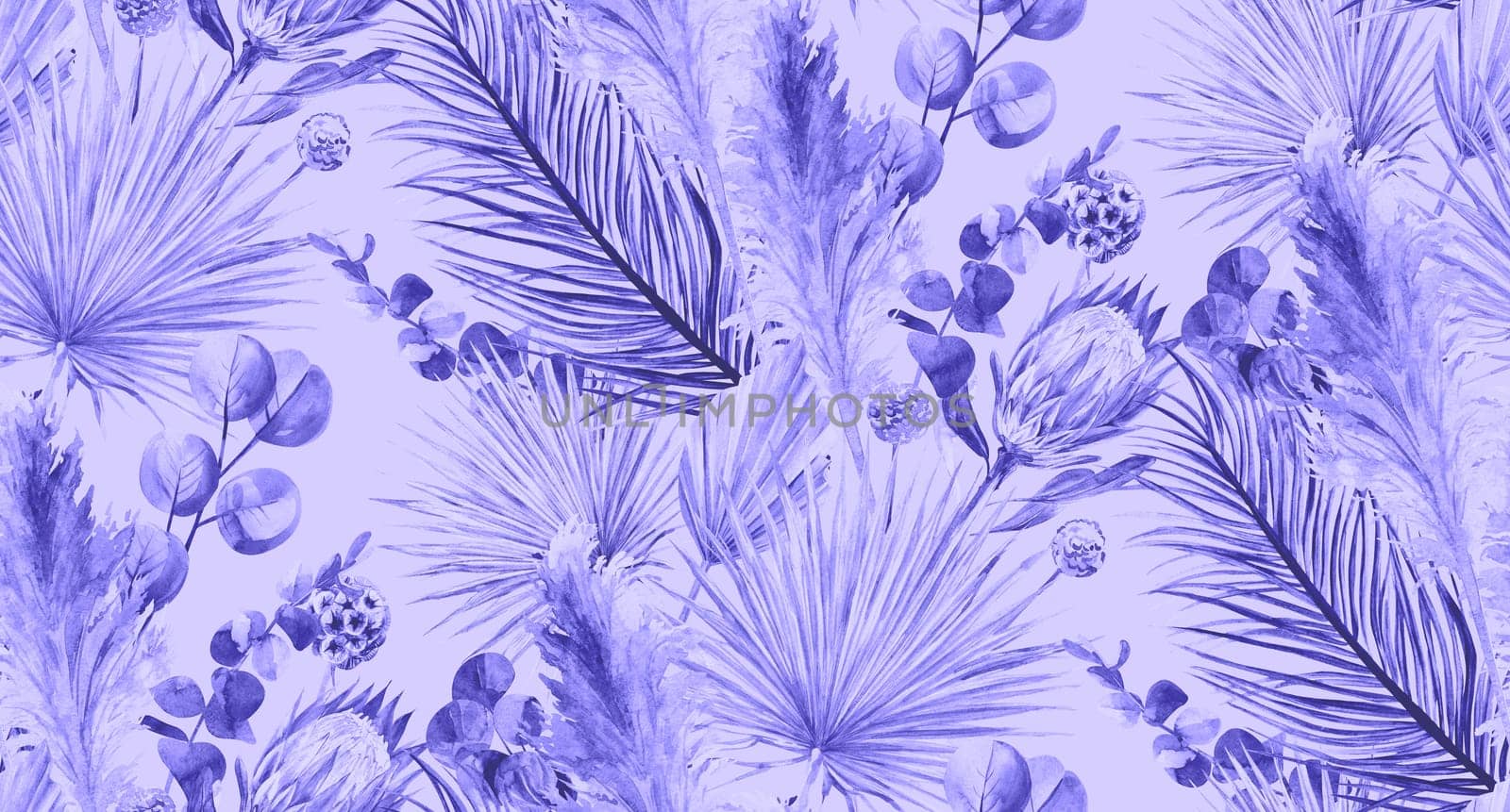 Watercolor monochrome pattern with tropical dried flowers and pampas grass in purple shades. Eucalyptus branches and dried tropical palm leaves for summer textiles and surface design