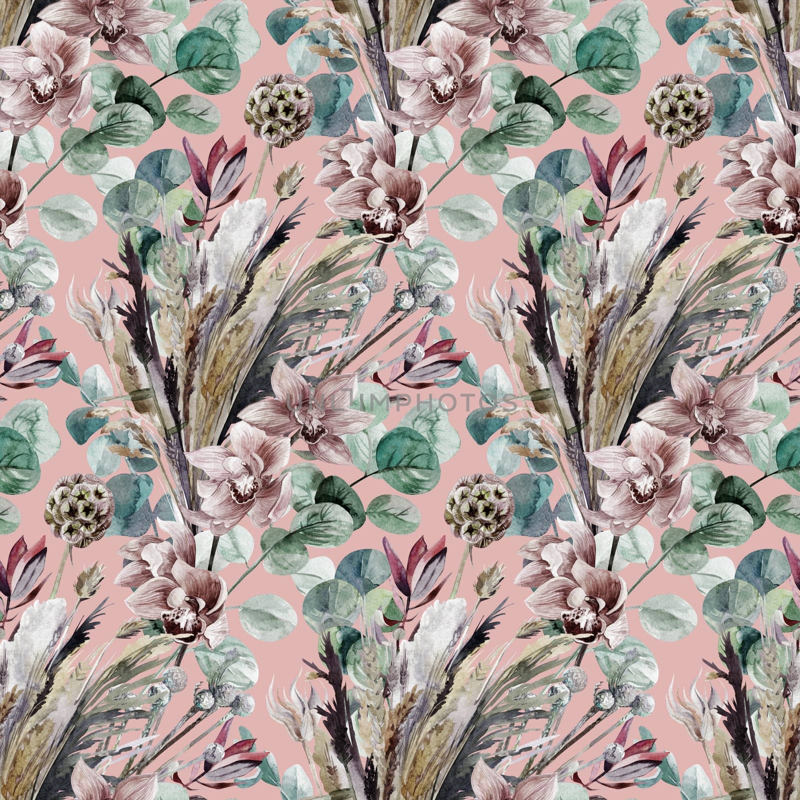 Botanical pattern in boho style with orchid flowers and herbs on a pink background for textile and surface design
