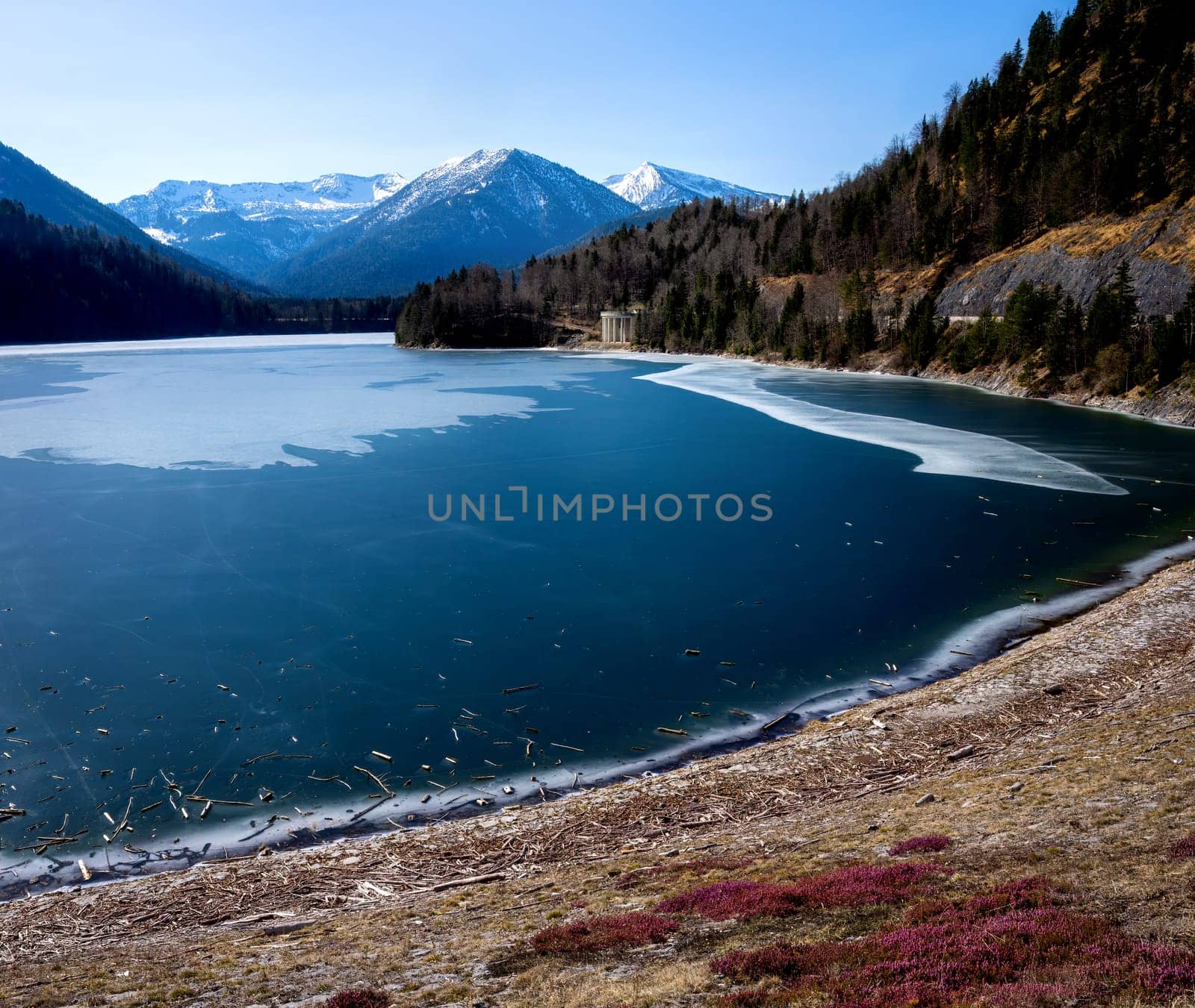 Frozen Sylvensteinspeicher barrier lake in Bavaria