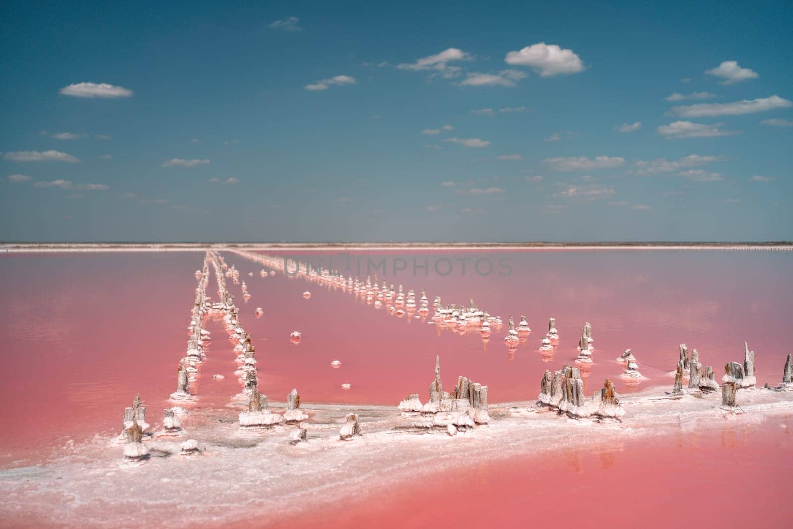 Aerial view of a pink salt lake. White salt formations, resembling crystalline structures, protrude from the pink water. A clear sky with scattered clouds is visible above.