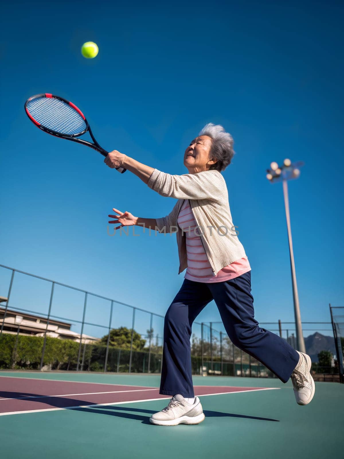 A chinese senior woman joyfully hits a tennis ball while playing at an outdoor court, enjoying the sun and the sport in the vibrant atmosphere. Generative AI.