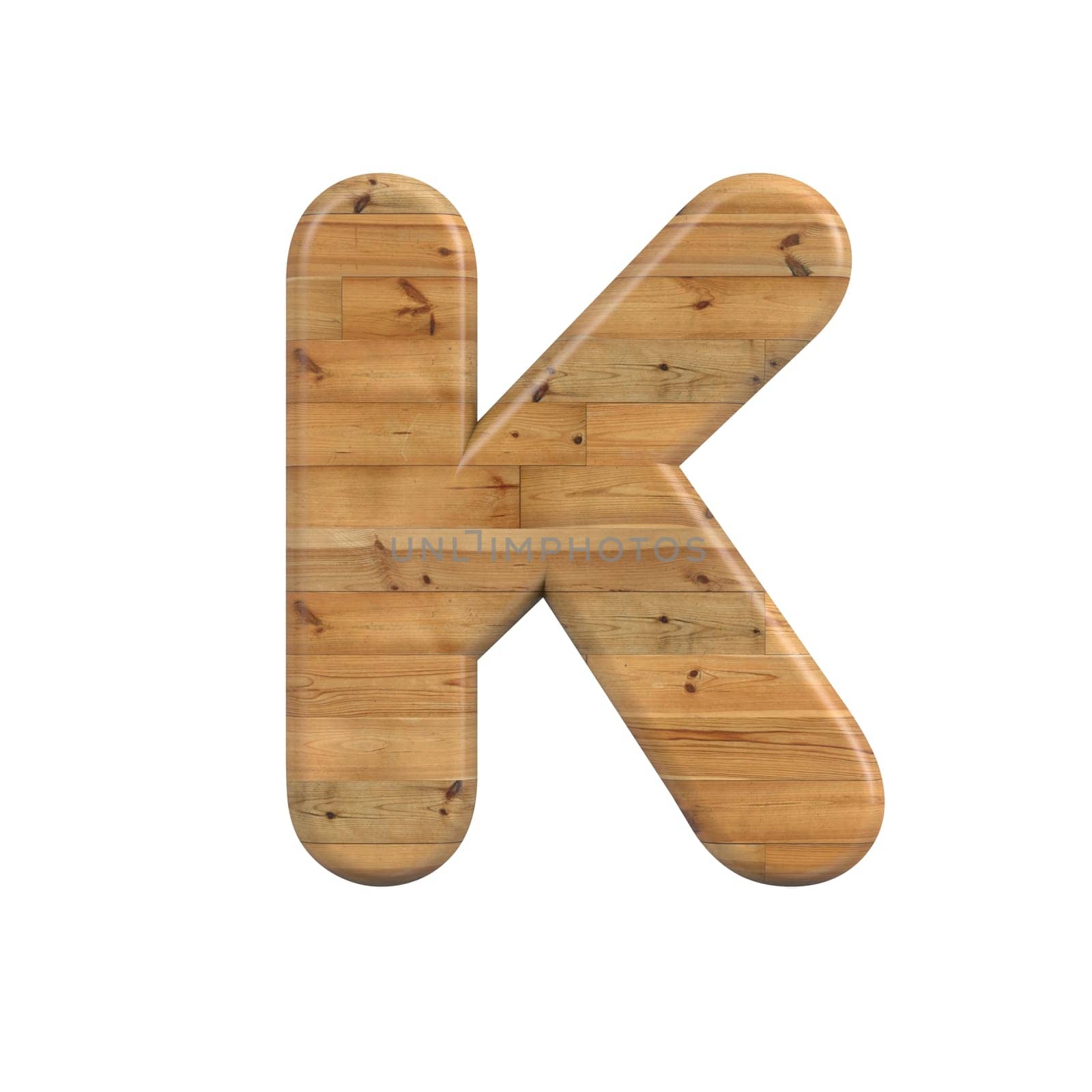 Wood letter K - Large 3d pine font isolated on white background. This alphabet is perfect for creative illustrations related but not limited to Decoration, nature, wood...