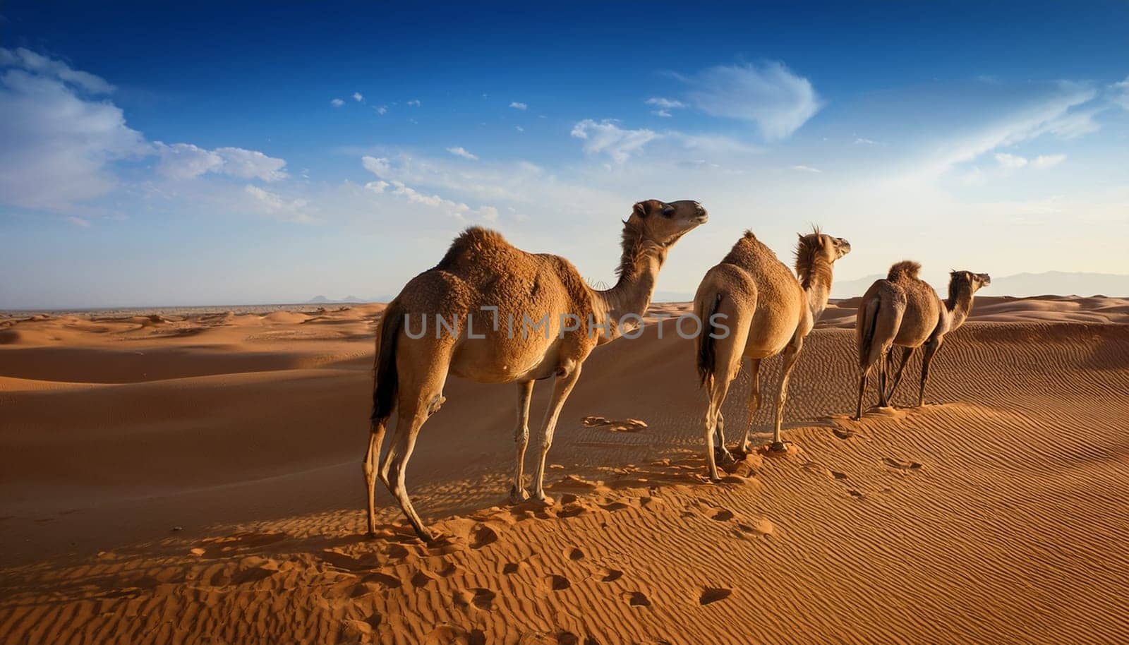 dromedaries in the desert AI generated image