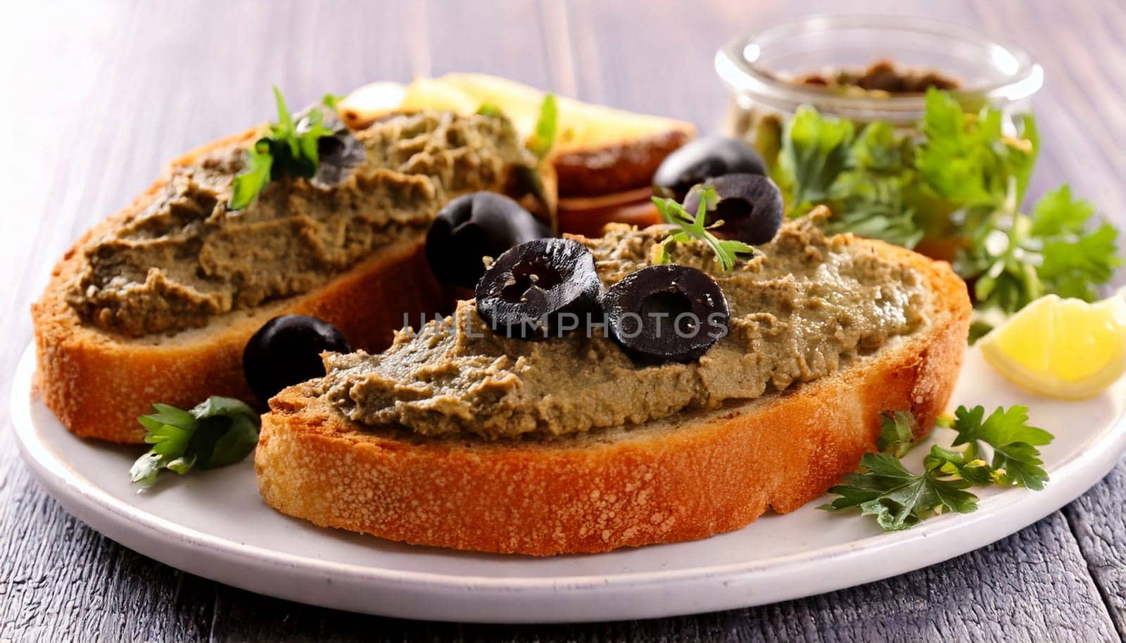 sliced bread with black olives pate spread topping AI generated image