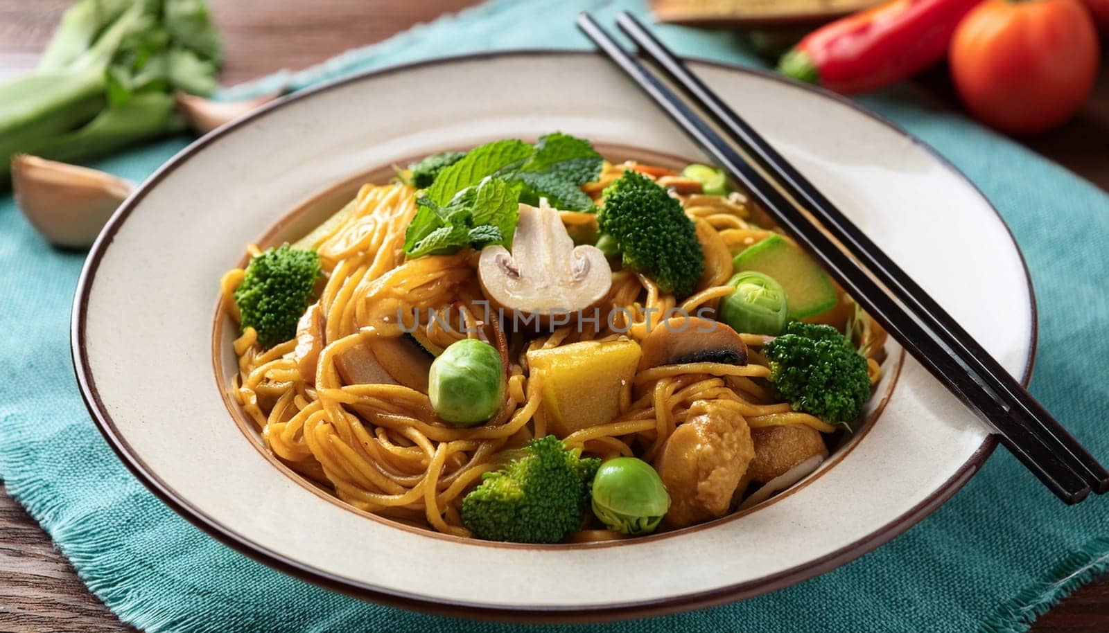 vegetarian curry noodles food AI generated image