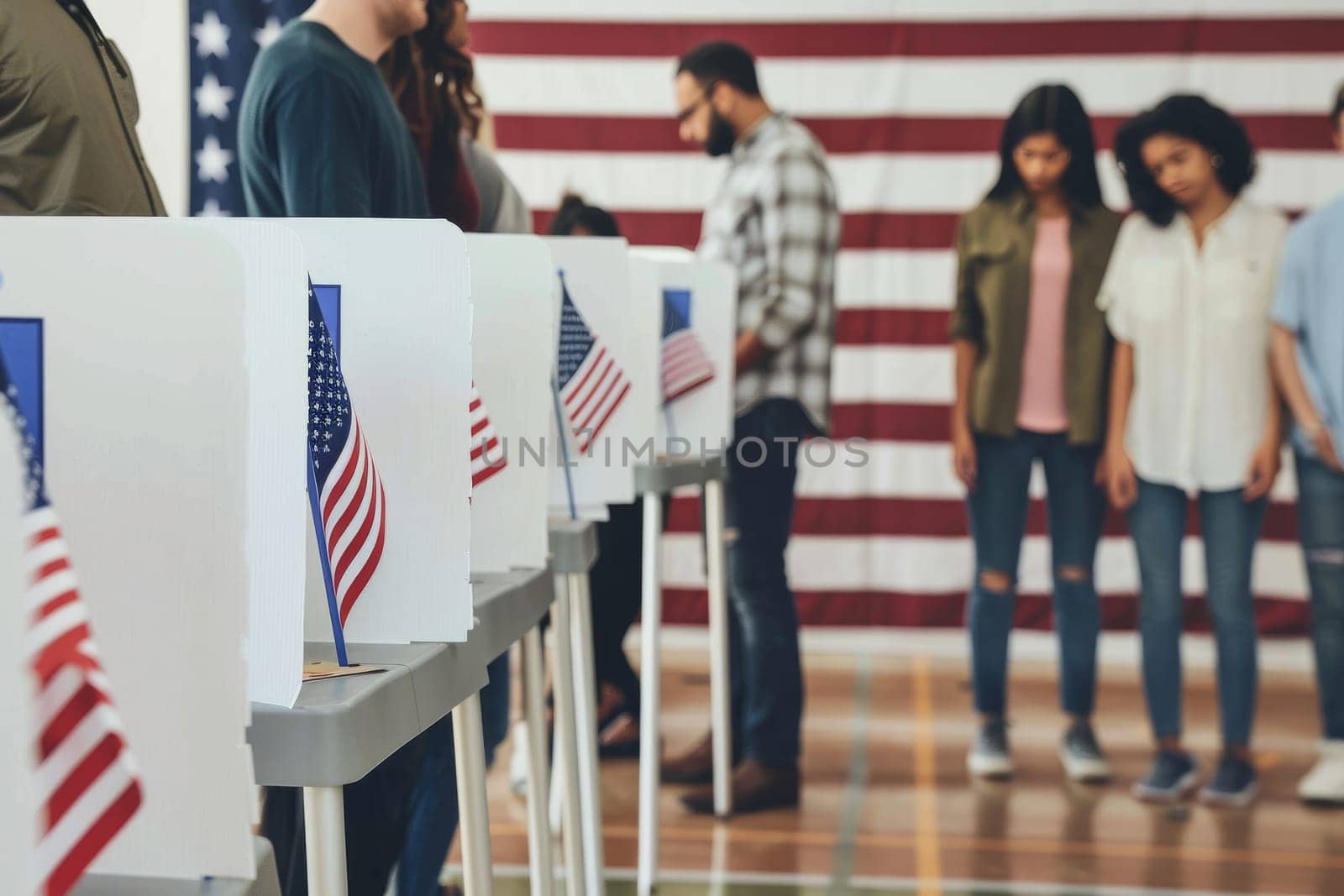 Residents patiently stand in line to cast their votes at a polling station adorned with American flags.