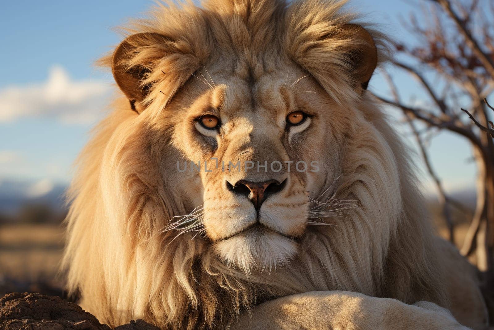 Lion lying down looking at the camera created with generative AI technology
