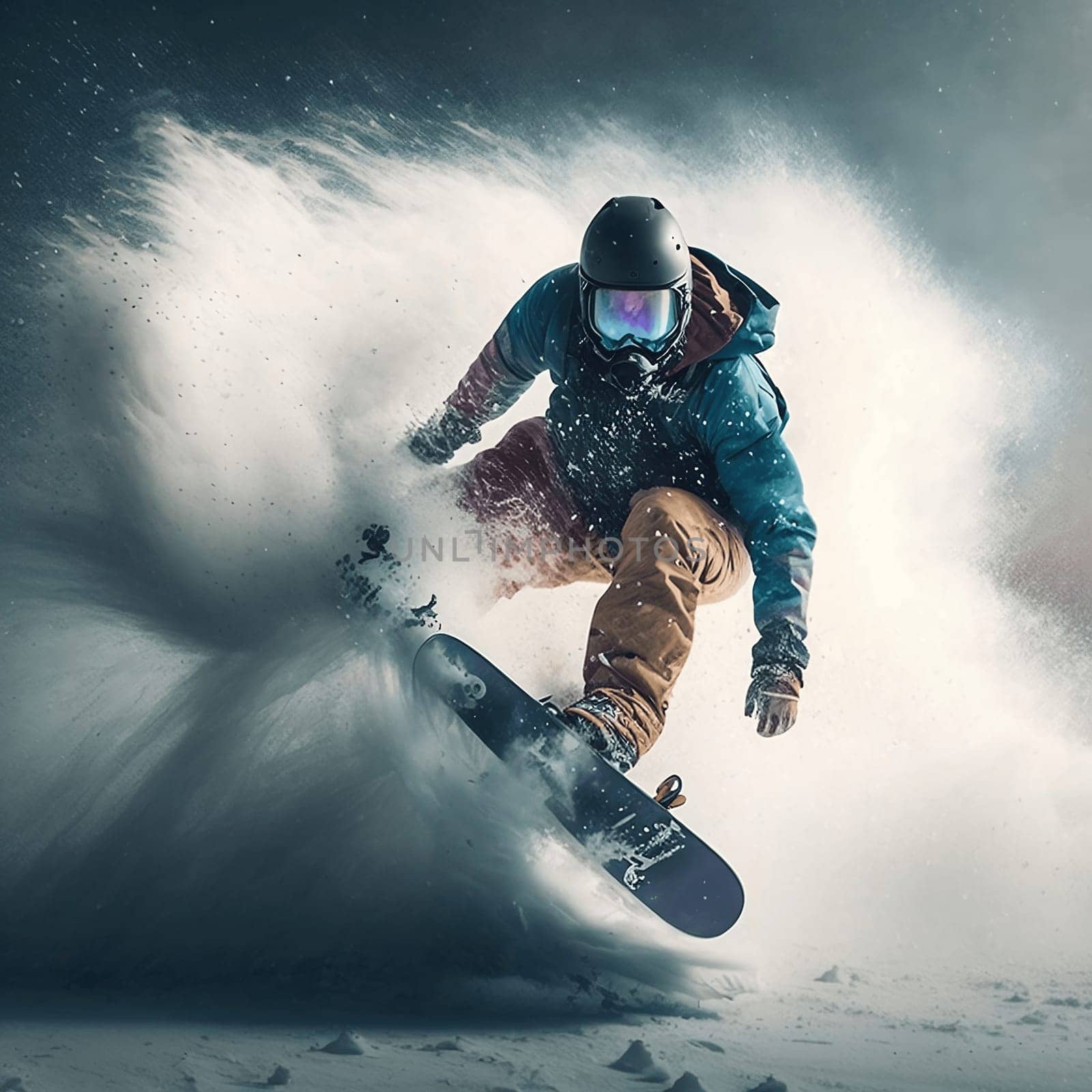 Snowboarder glides down the mountain, performing tricks and stunts in a thrilling display of skill and bravery, generative AI