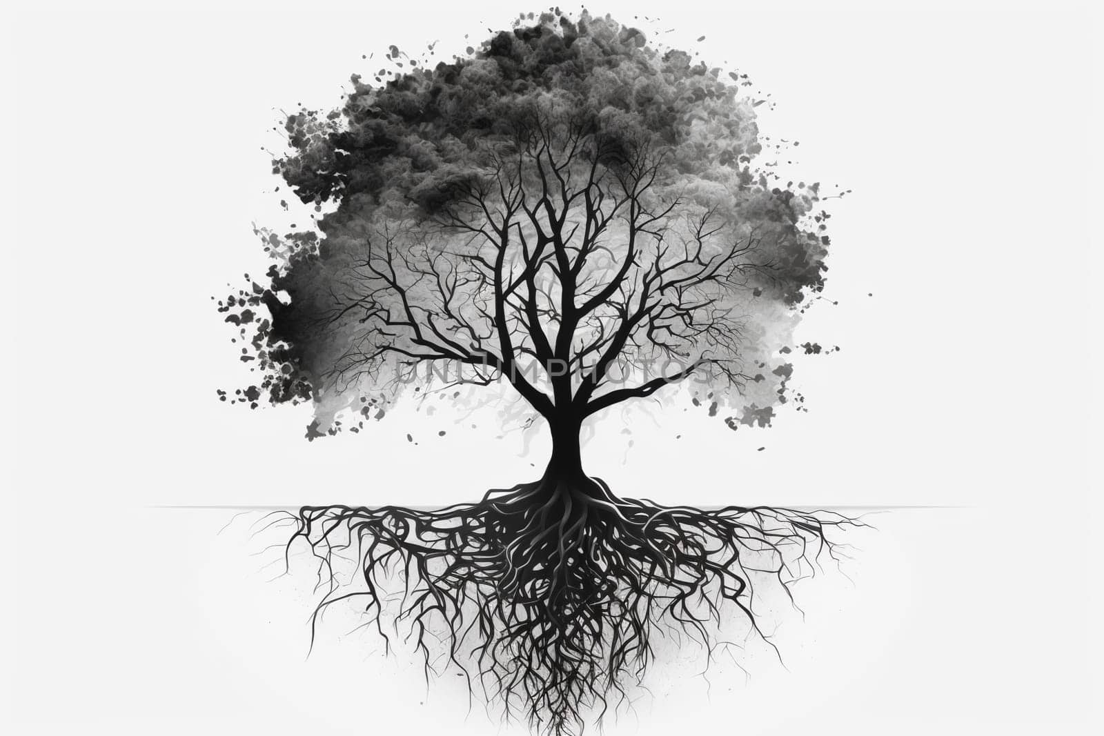 Stylized tree with roots concept on the white background, created with generative AI