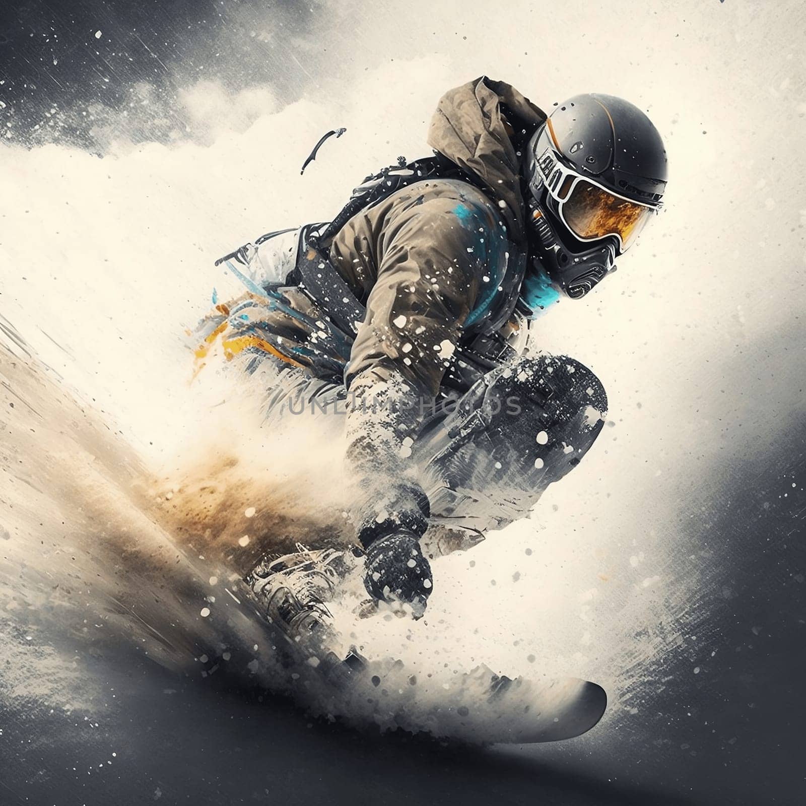 Snowboarder glides down the mountain, performing tricks and stunts in a thrilling display of skill and bravery, generative AI