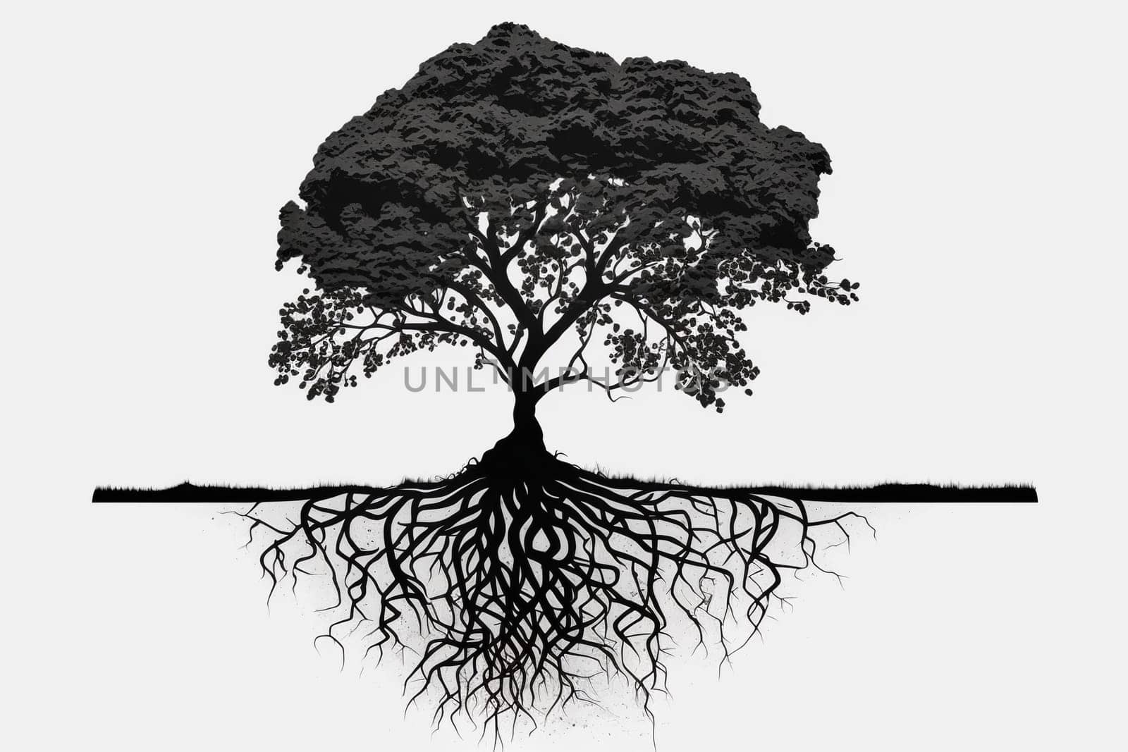 Stylized tree with roots concept on the white background, created with generative AI