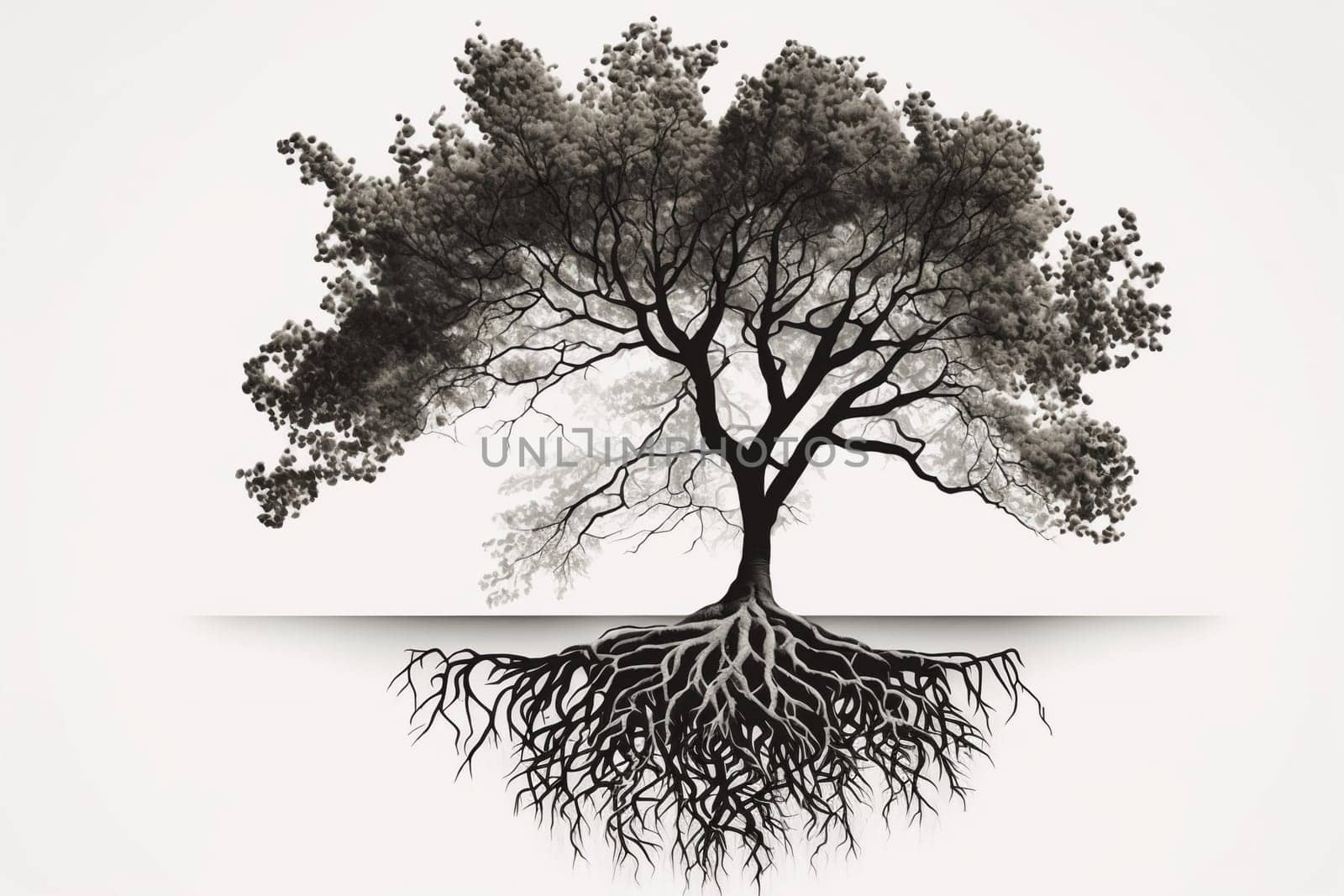 Stylized tree with roots concept on the white background, created with generative AI