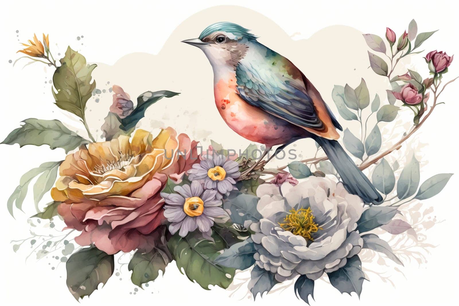 Vintage watercolor painting of flowers and a bird, created with generative AI