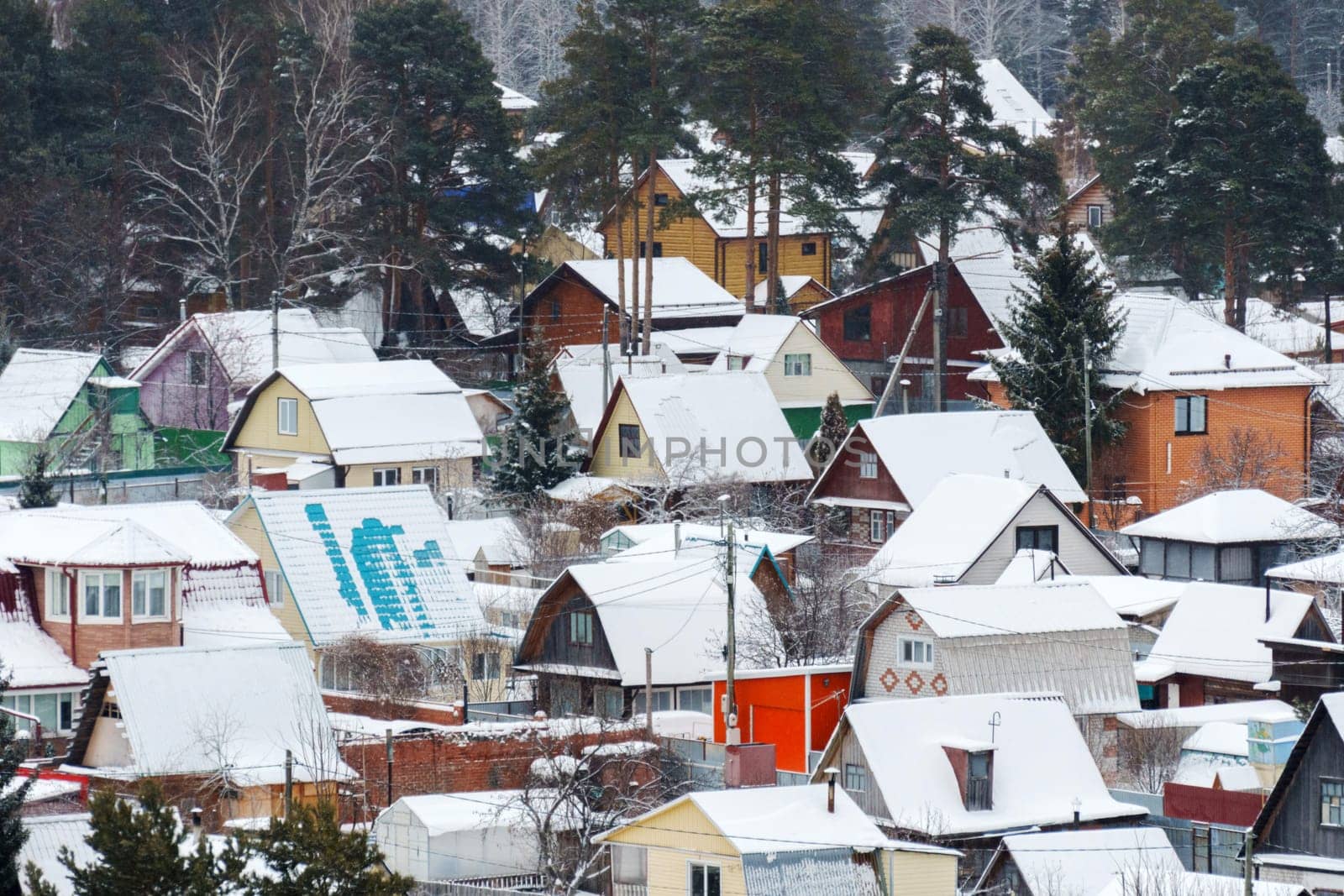 Nestled among tall pines, the tranquil village emerges blanketed in fresh snow. Colorful homes peek through the white