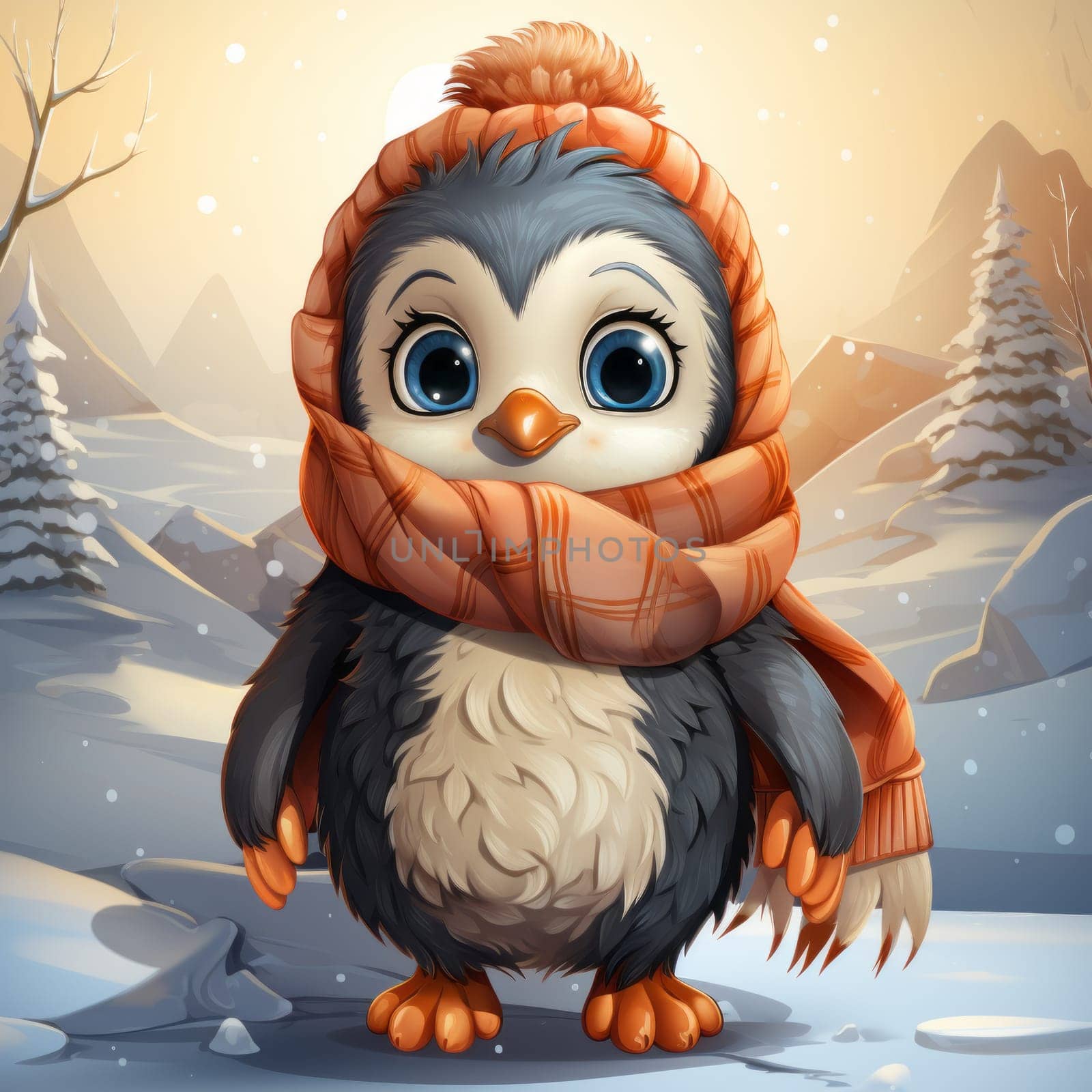 Cartoon penguin wearing a scarf created with a generative AI technology