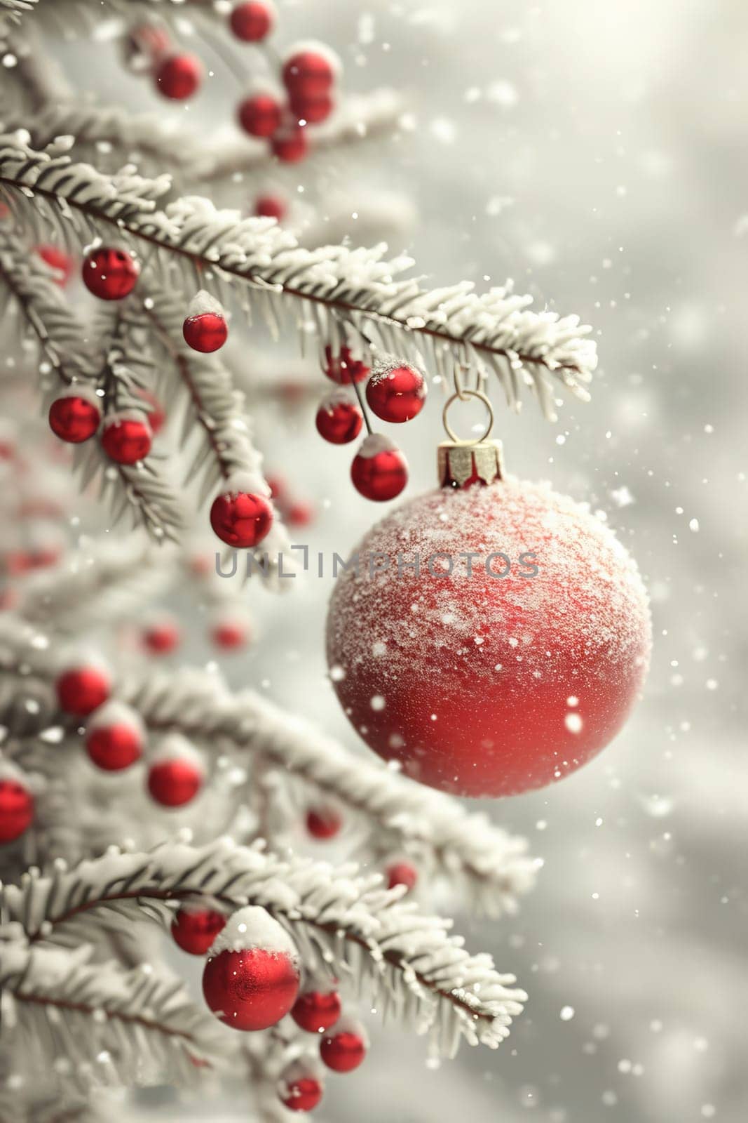 Vibrant red Christmas ornament dusted with snow becomes a focal point against the blurred backdrop of frosty pine needles and delicate snowflakes. created with generative AI technology