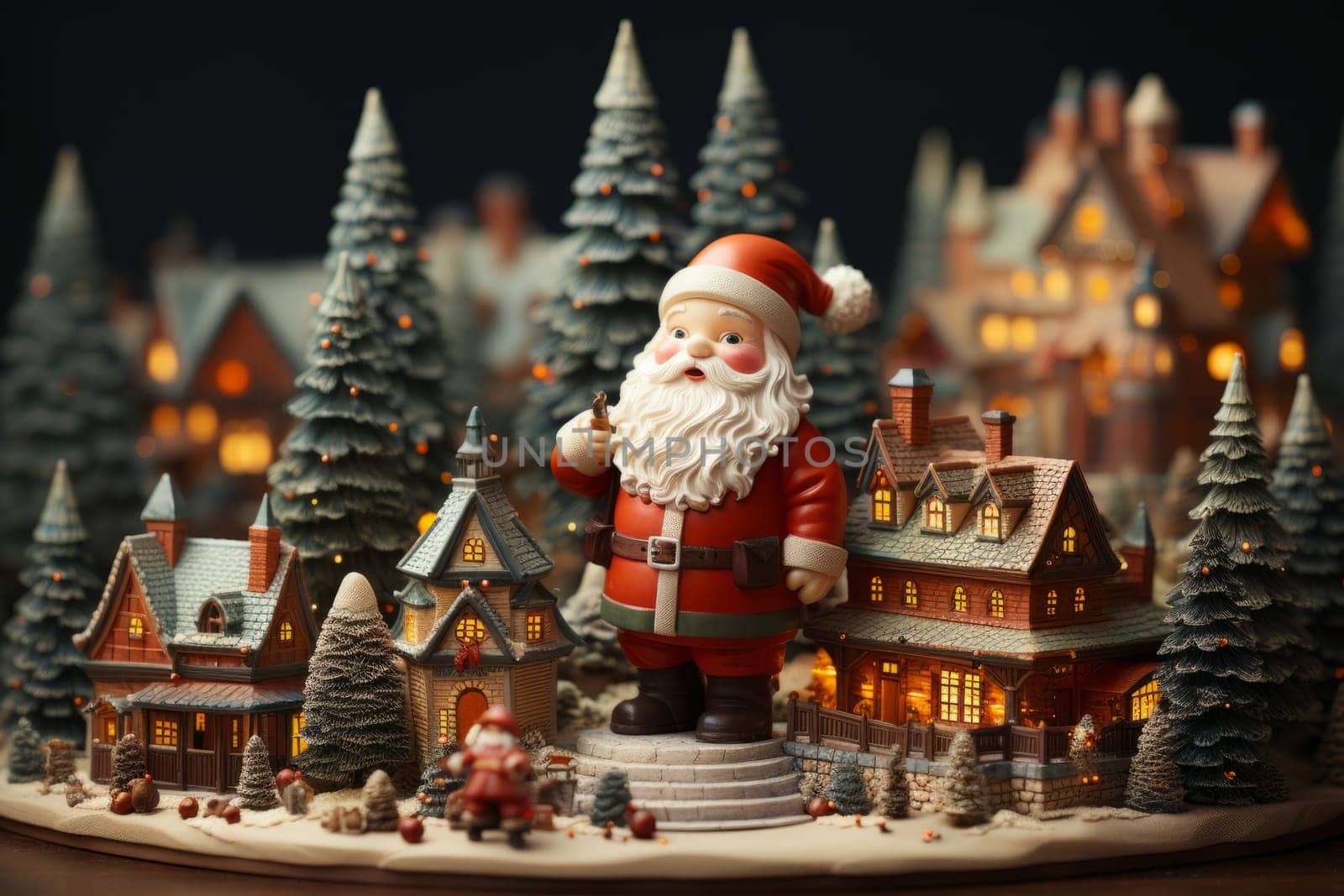 Miniature figurines of a Santa Claus,  gnomes and cute village created with a generative AI technology