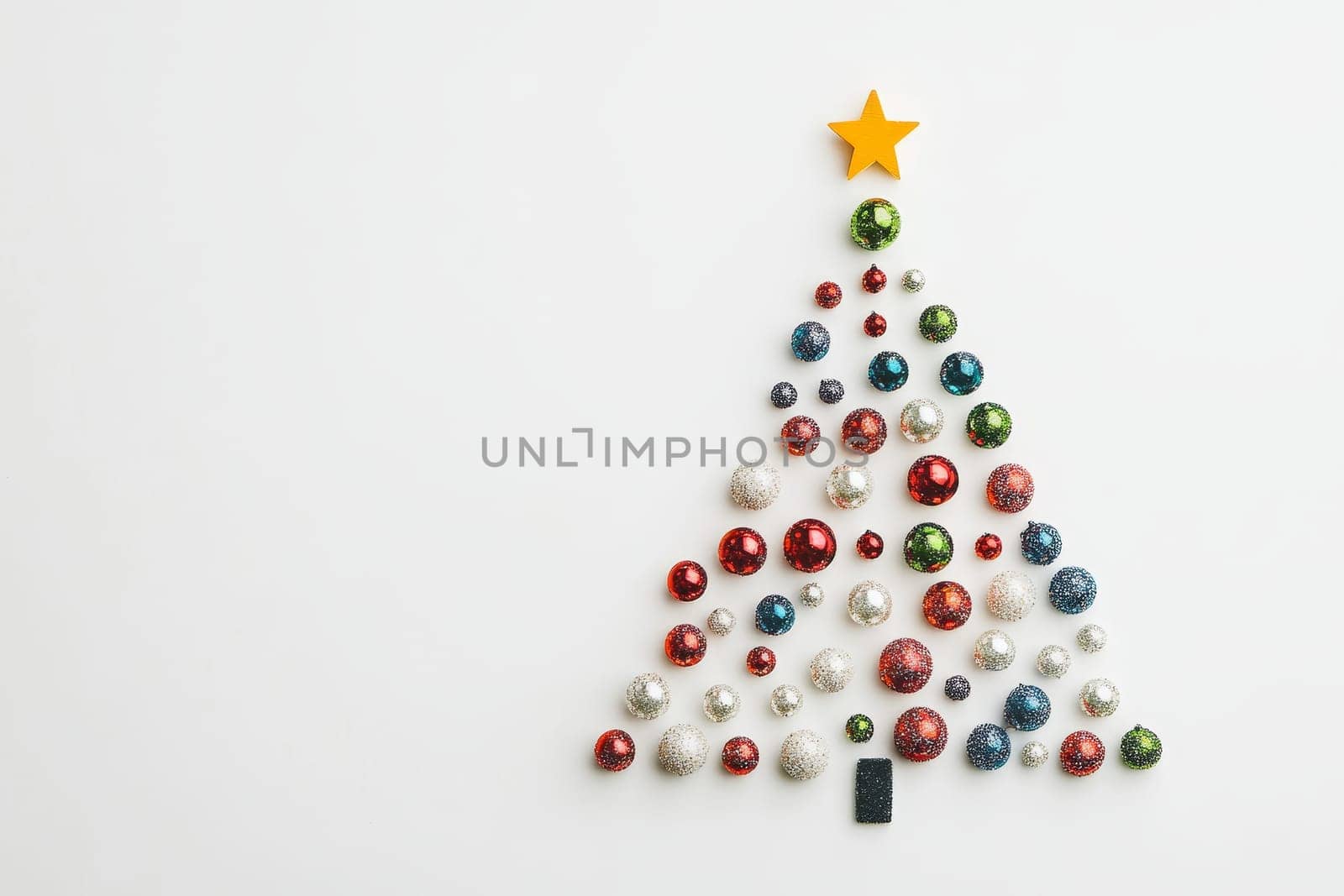 A vibrant arrangement of shimmering ornaments forms a playful Christmas tree shape, radiating holiday cheer against a white backdrop