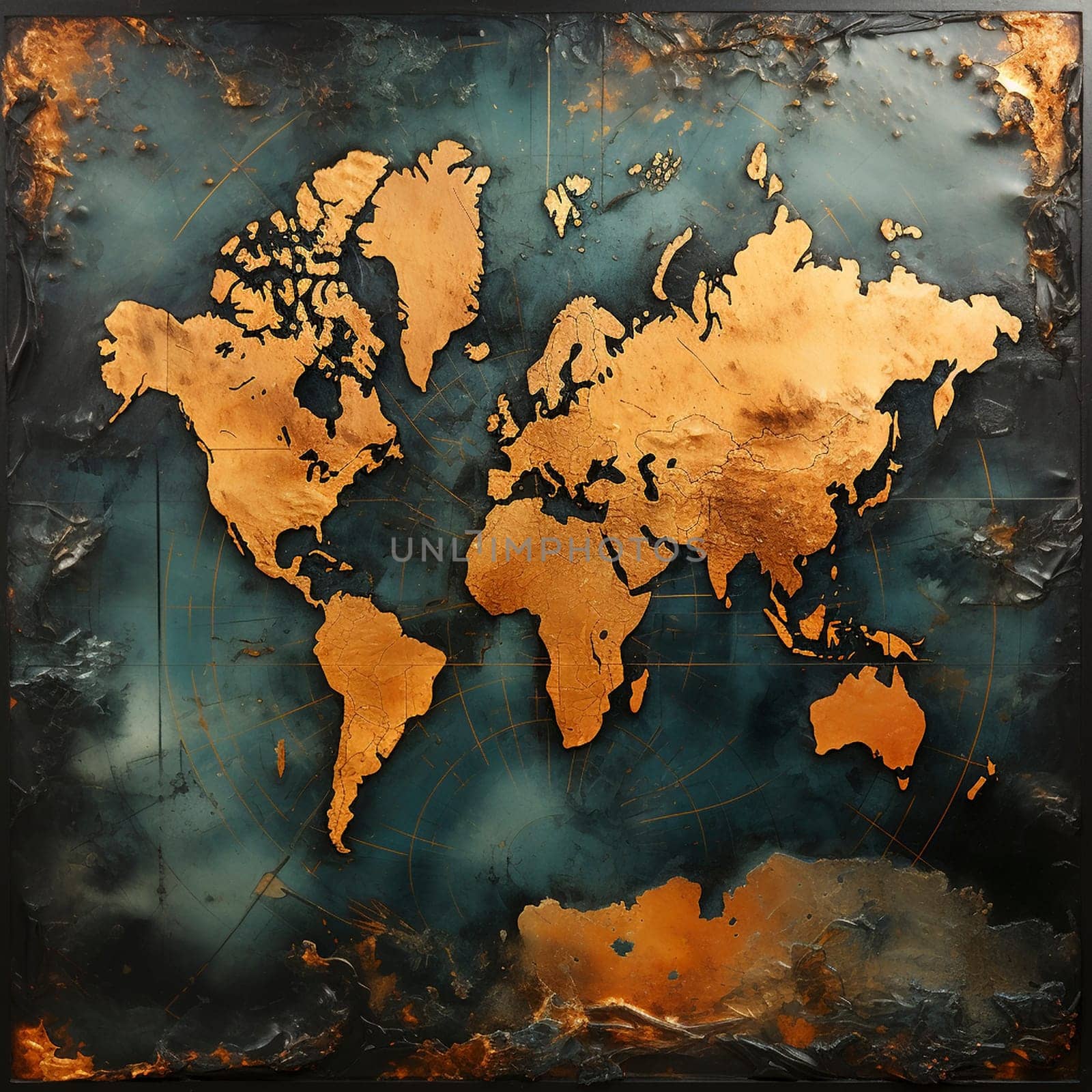 Vintage golden world map, created with generative AI
