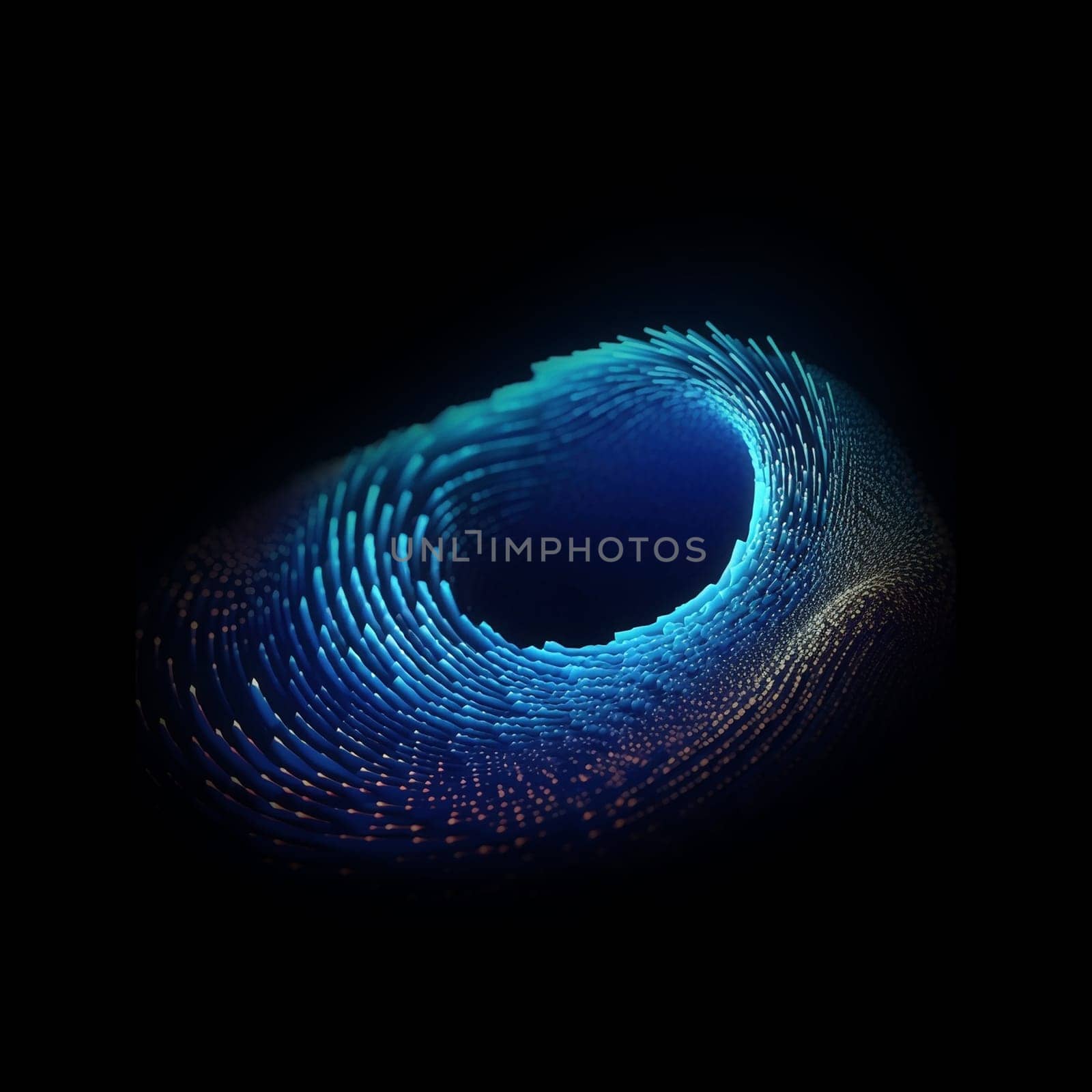 Abstract digital blue circular shape isolated on the black background, created with generative AI