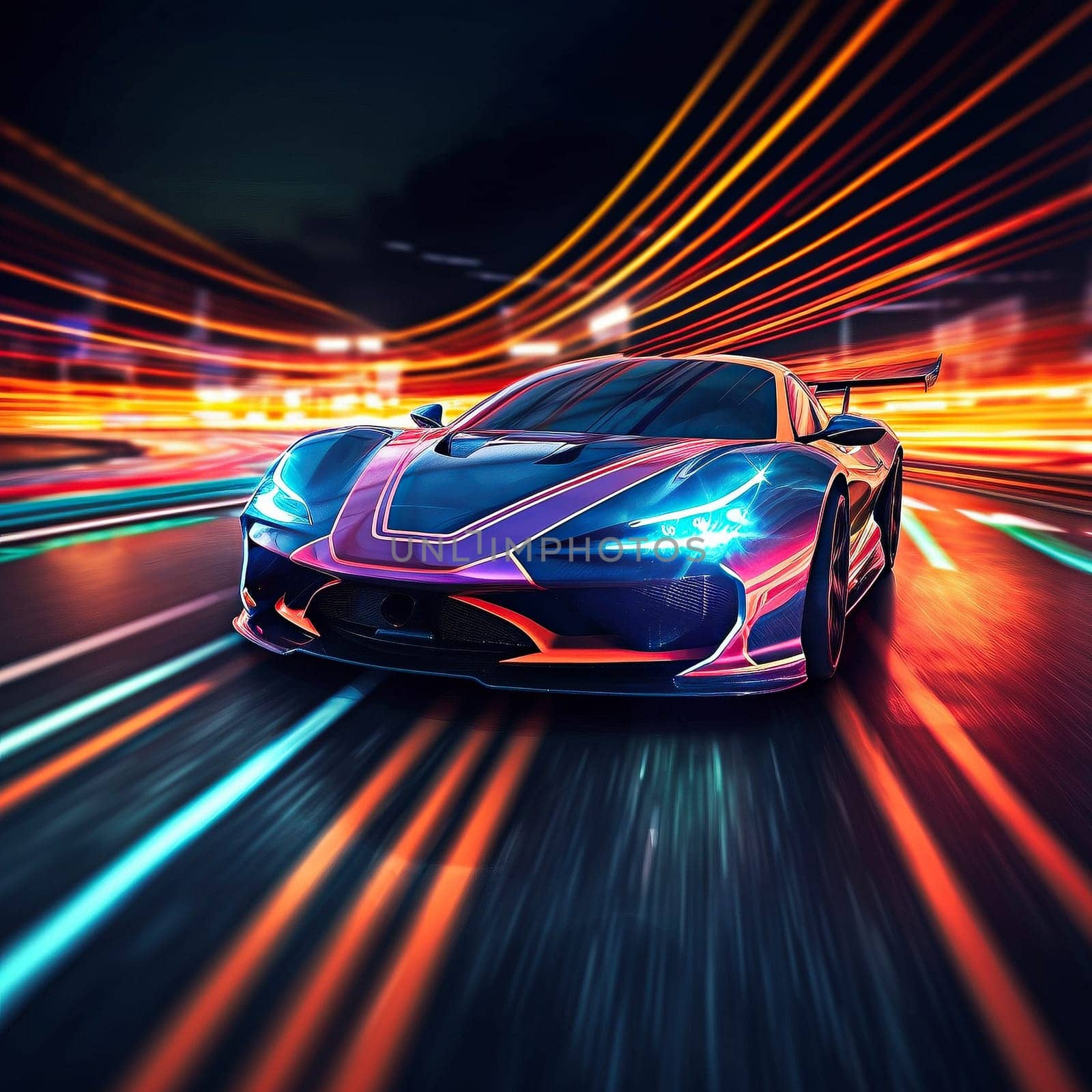 Speeding sport car on the neon highway, created with generative AI