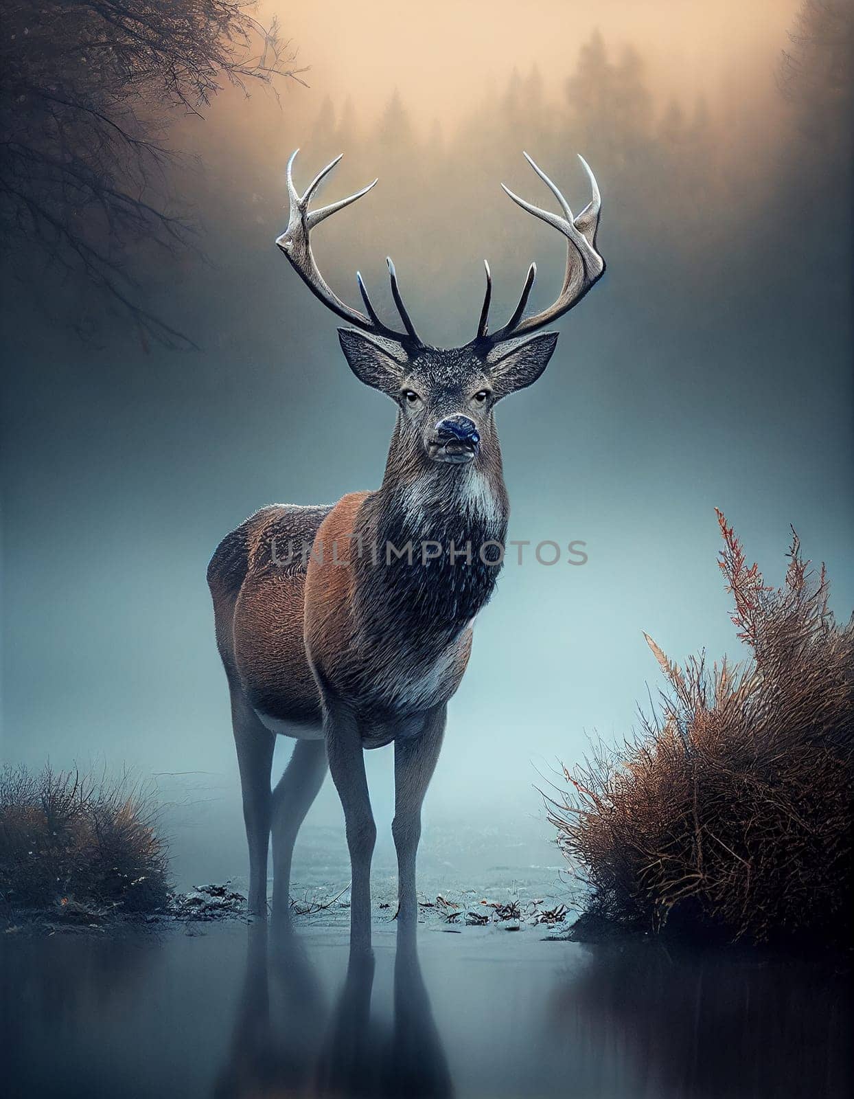 Deer standing in foggy morning, created with generative AI