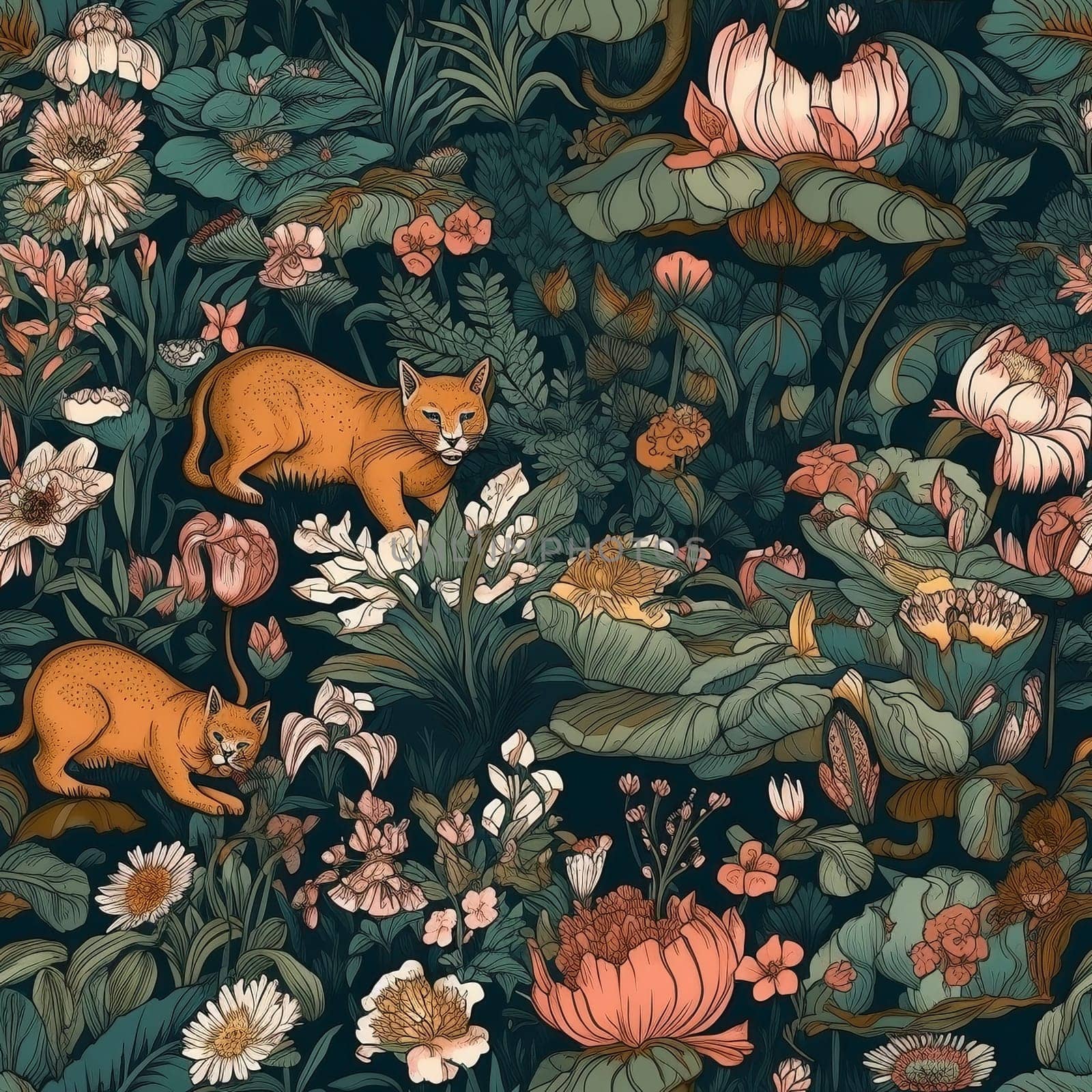 Maximalism style botanical and animals repeating seamless pattern, created with generative AI