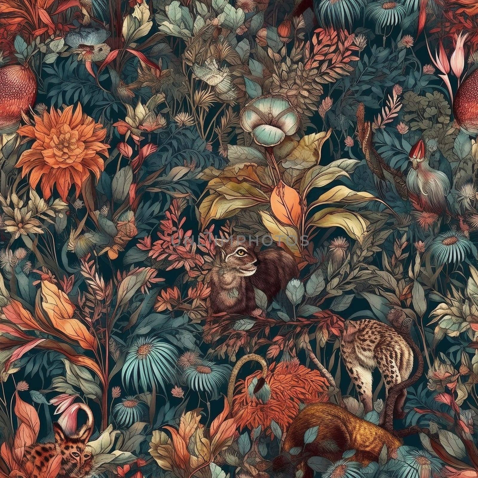 Maximalism style botanical and animals repeating seamless pattern, created with generative AI