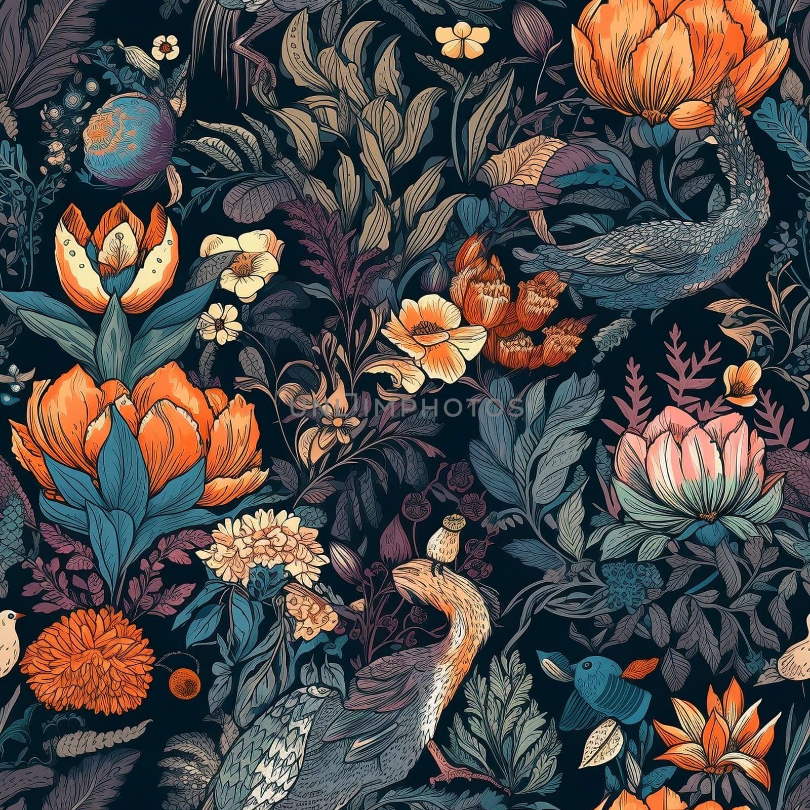 Maximalism style botanical and animals repeating seamless pattern, created with generative AI