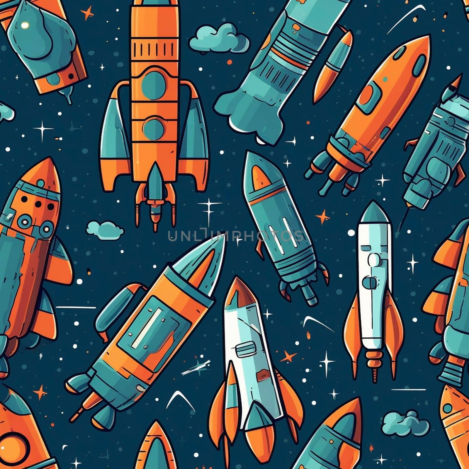Rockets and satellites seamless pattern tile, created with generative AI