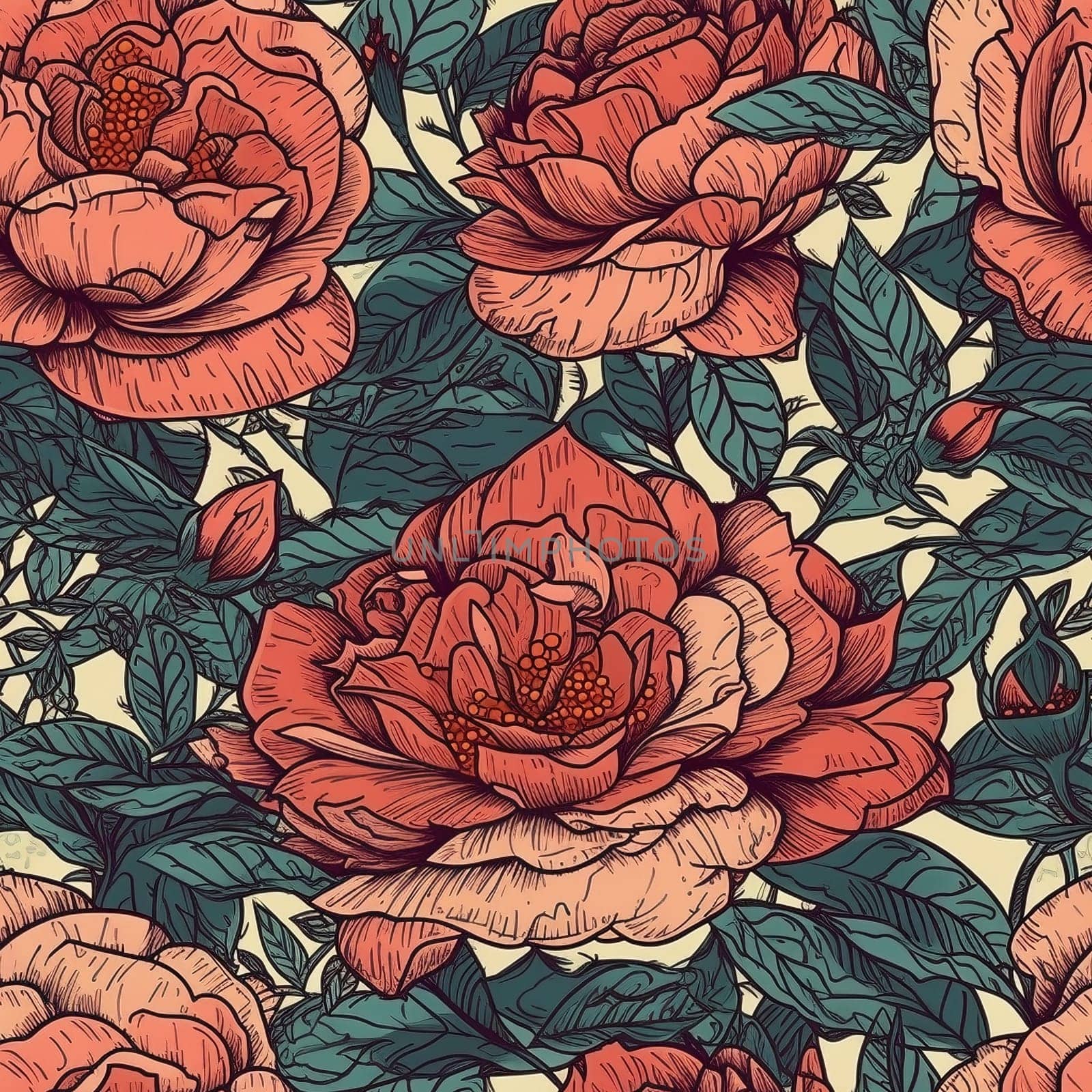 Roses decorative seamless pattern, created with generative AI