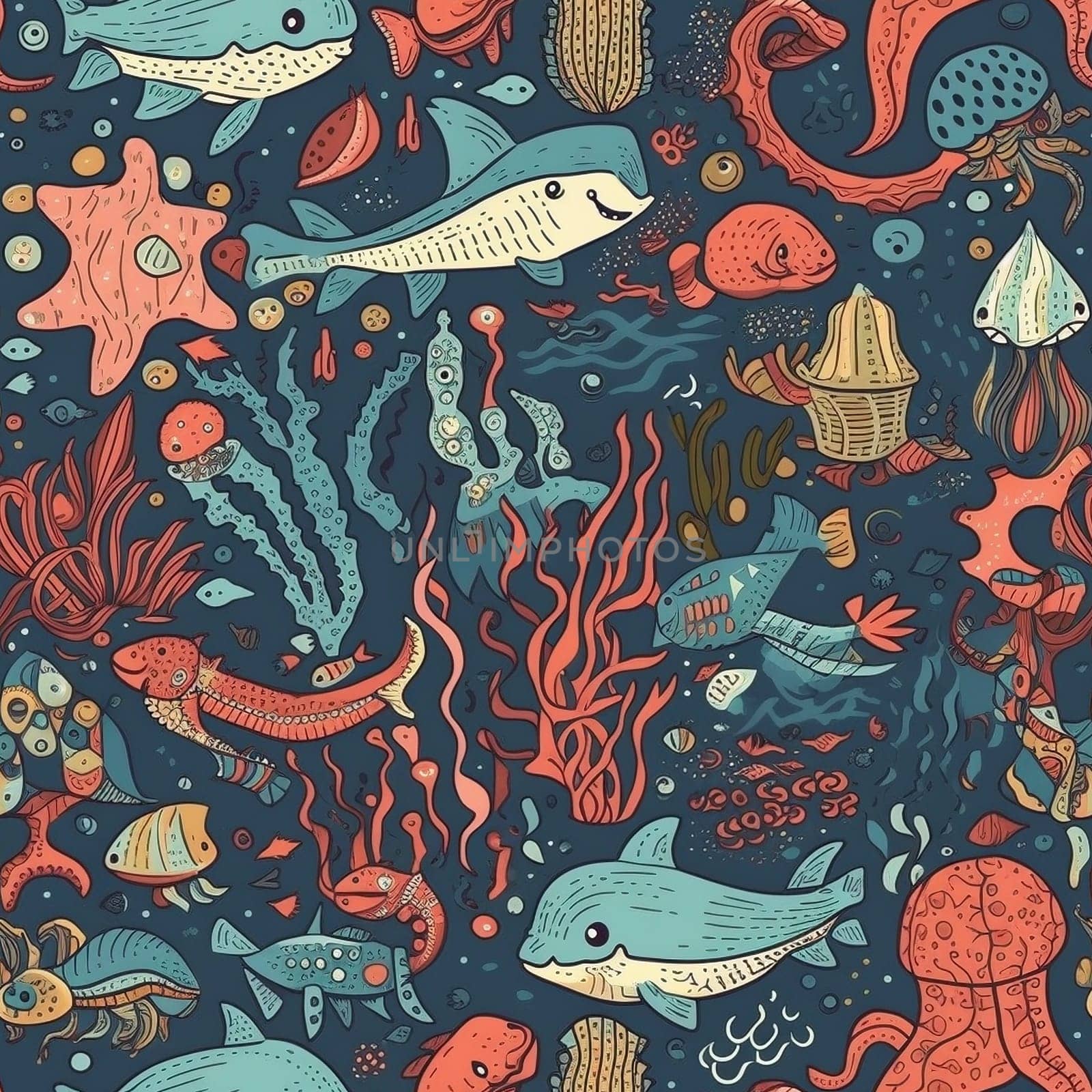 Sea life seamless pattern tile, created with generative AI