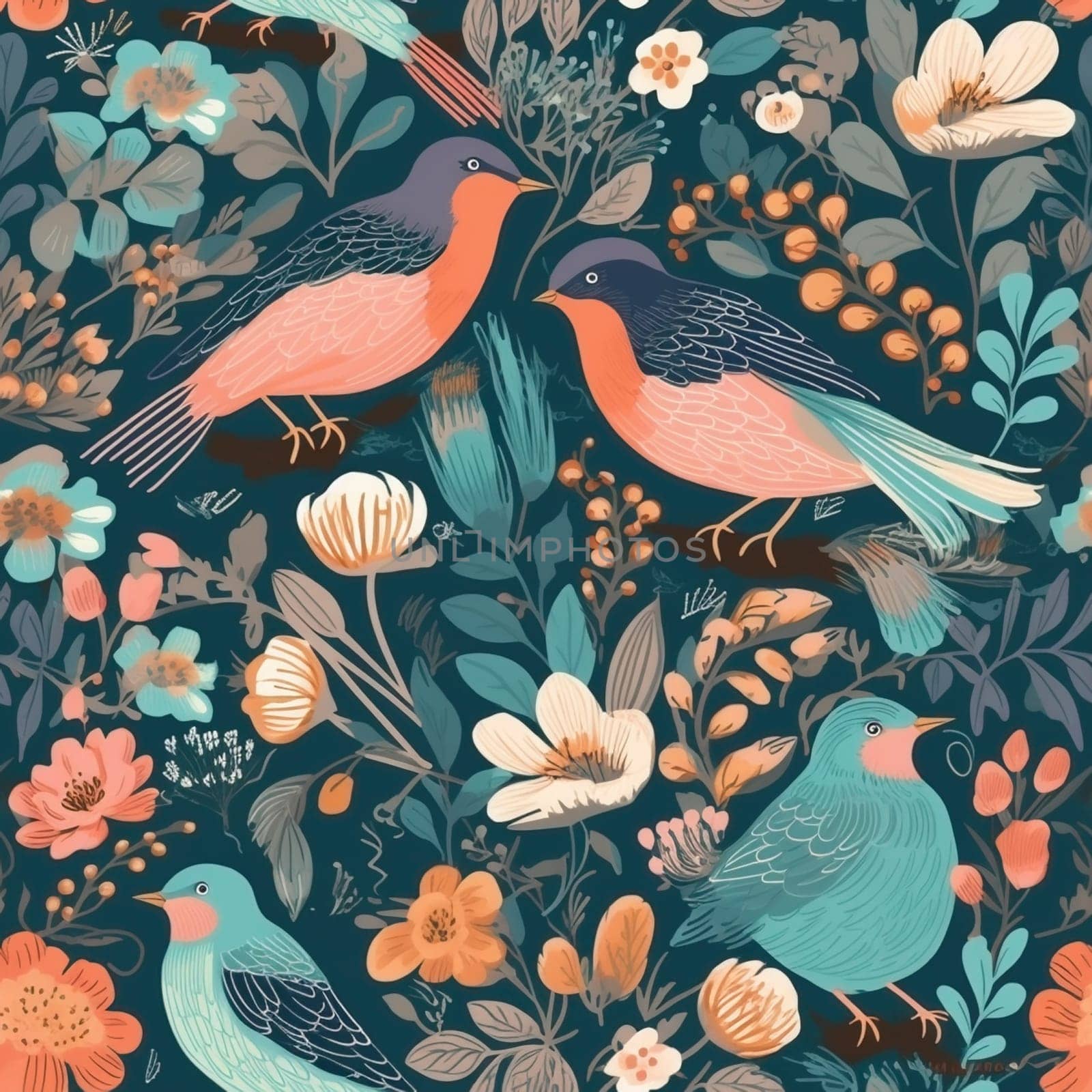 Beautiful elegant flowers and birds seamless pattern tile, created with generative AI