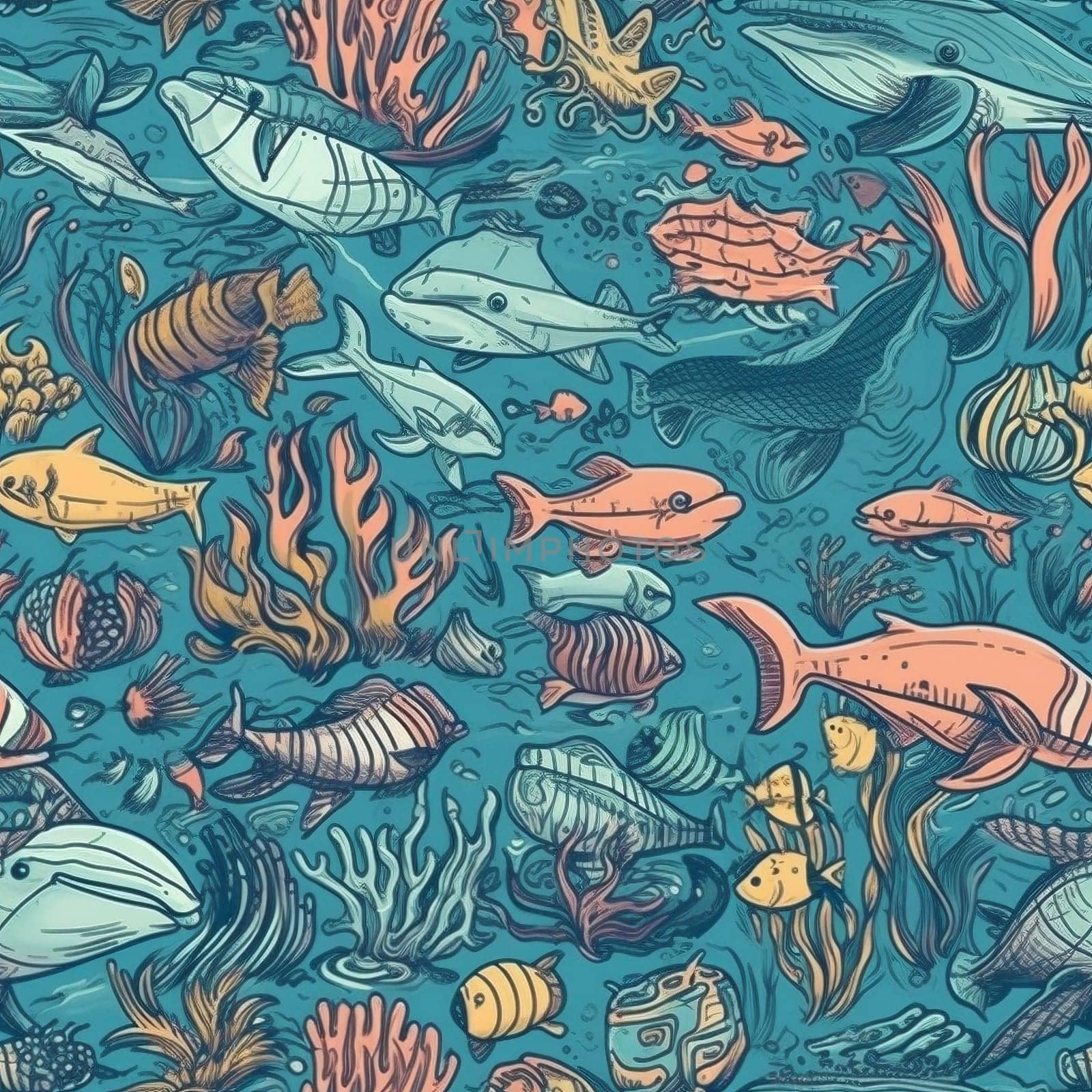 Sea life seamless pattern tile, created with generative AI