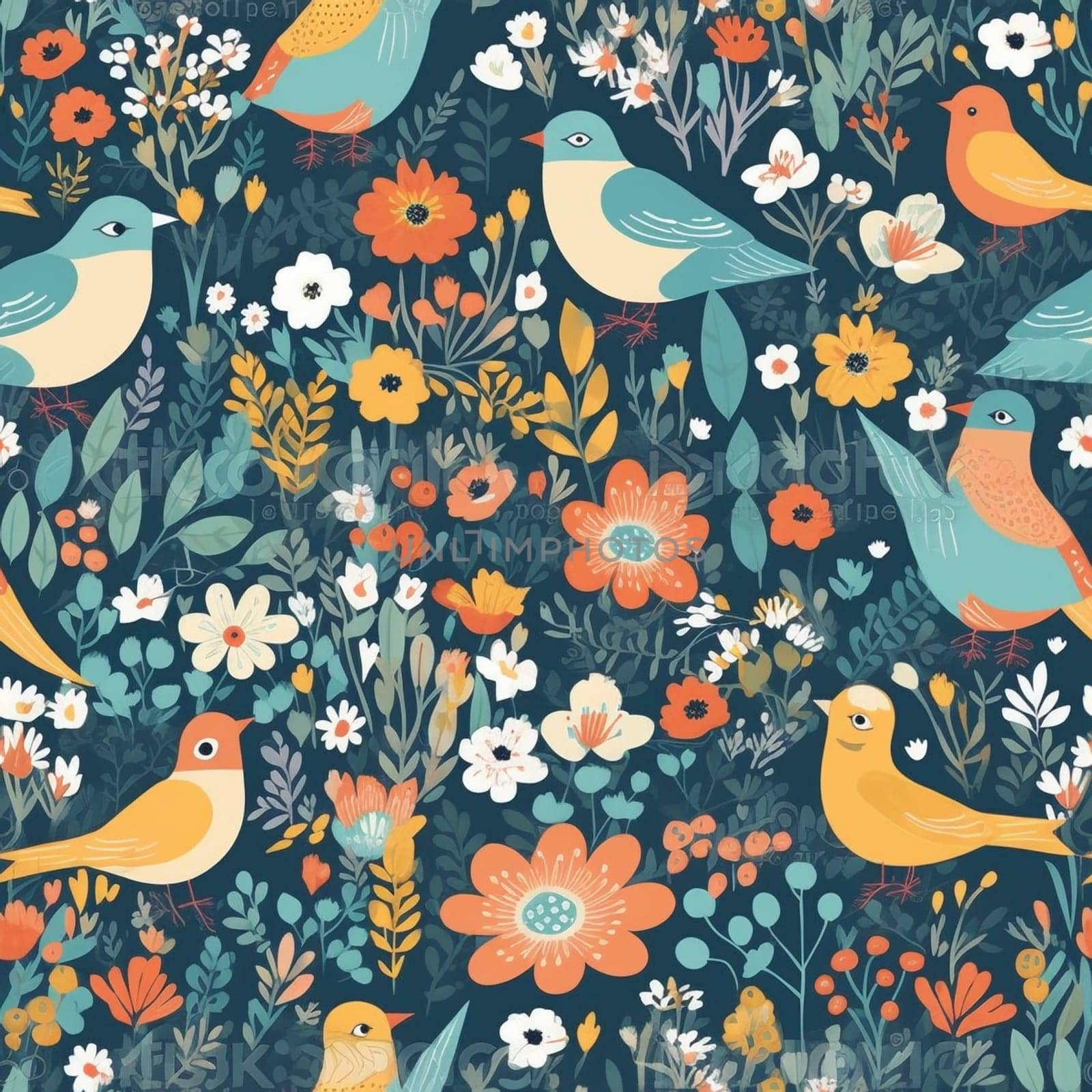 Beautiful elegant flowers and birds seamless pattern tile, created with generative AI