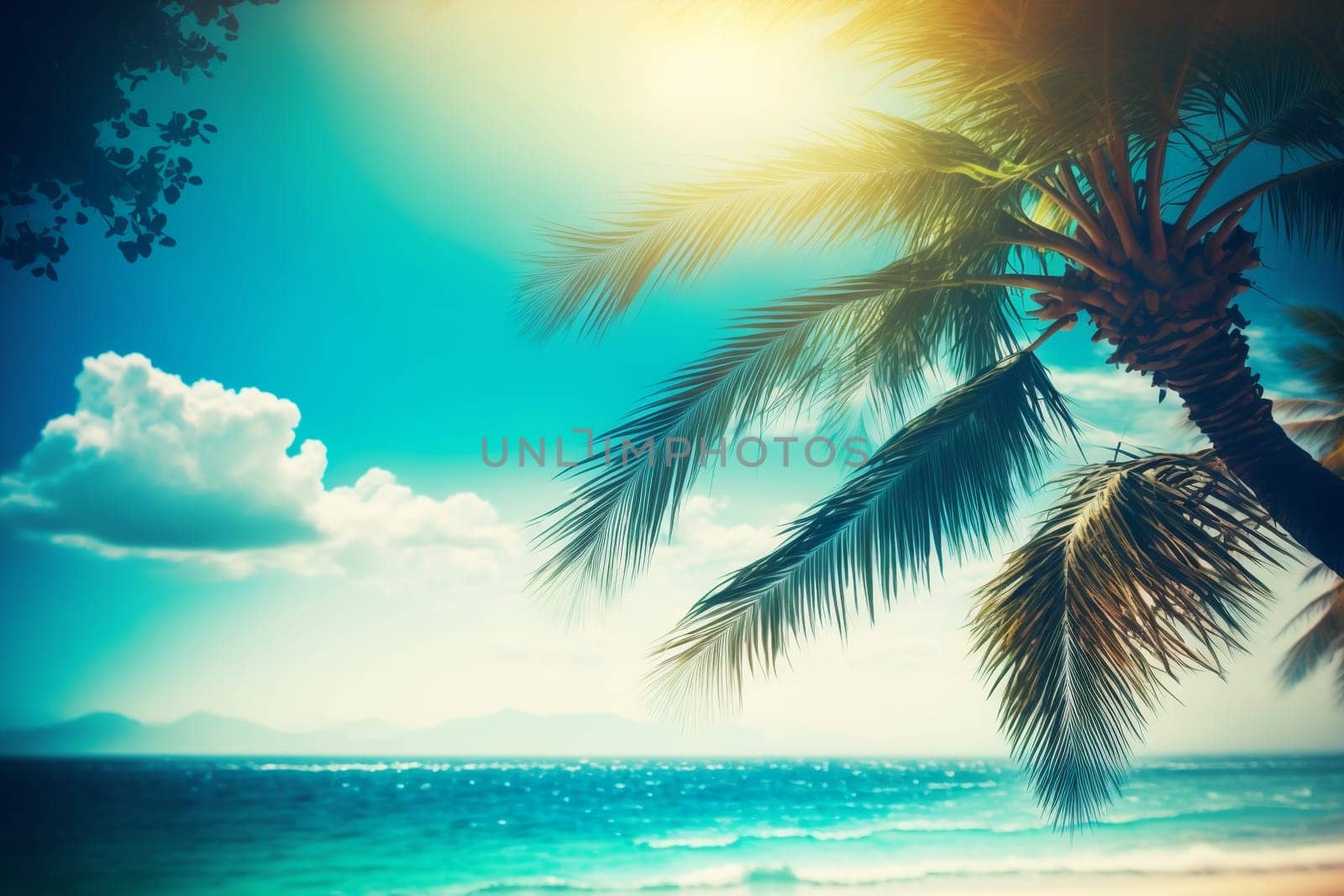 Seascape with palm on bright sunny day, created with generative AI