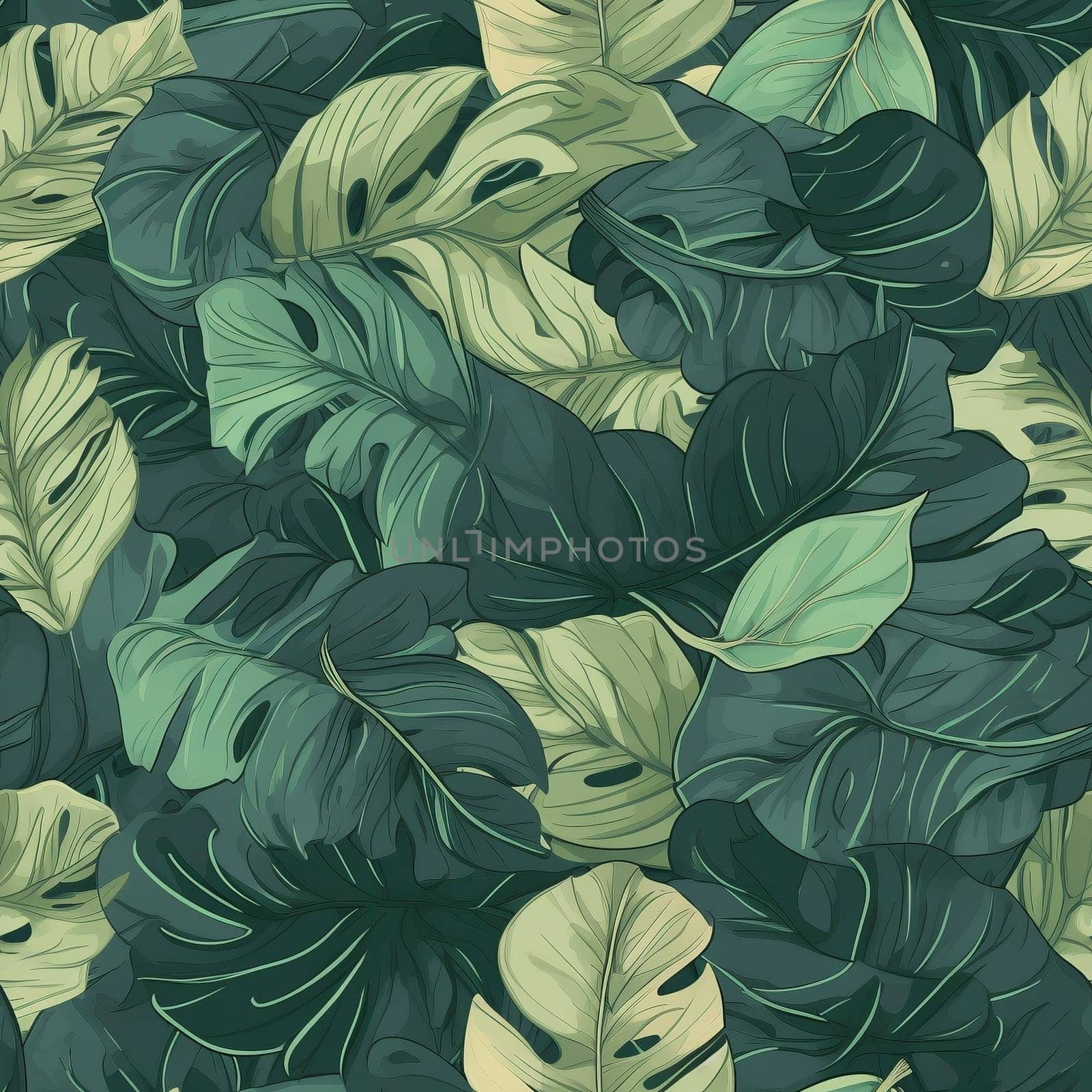 Tropical leaves seamless pattern tile, created with generative AI