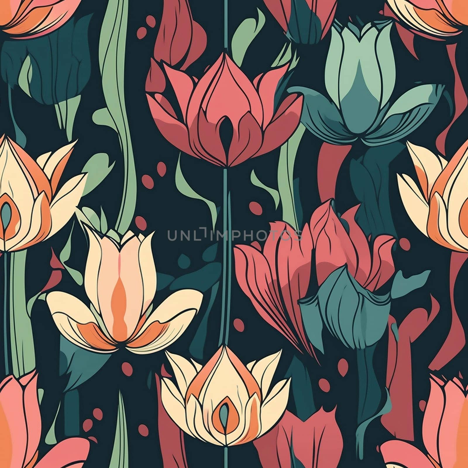 Tulips watercolor painting seamless pattern, created with generative AI