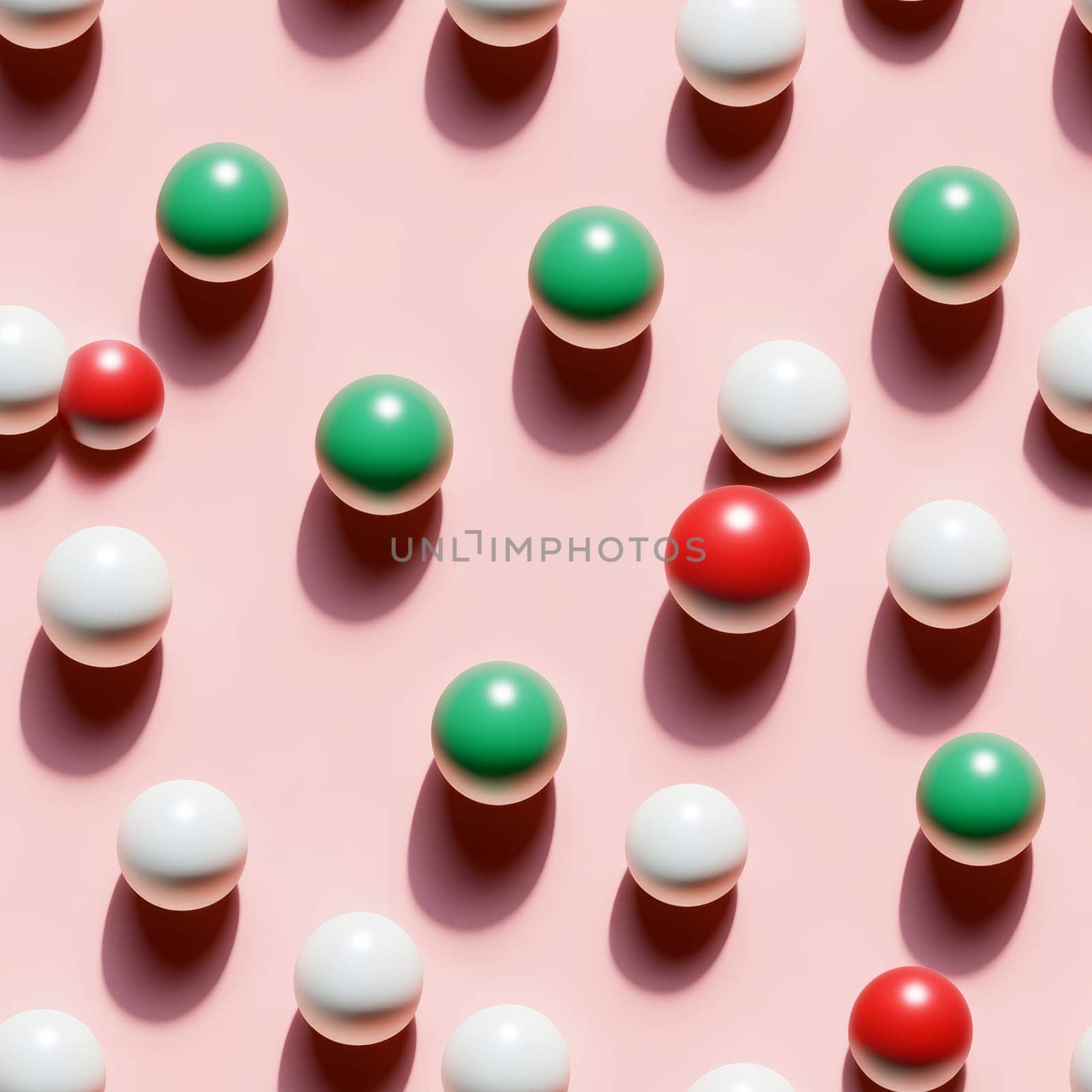 Seamless pattern vibrant display of red, white, and green spheres scattered across a pale pink surface evokes a sense of fun and creativity.