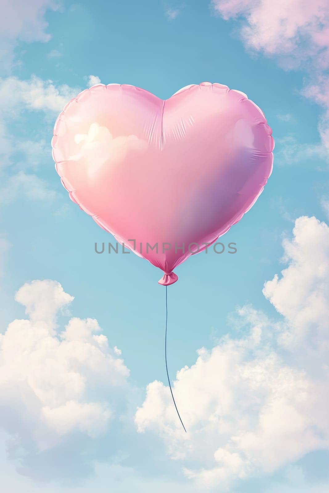 A pink heart balloon floats against a clear blue sky, surrounded by fluffy clouds, evoking a sense of wonder.