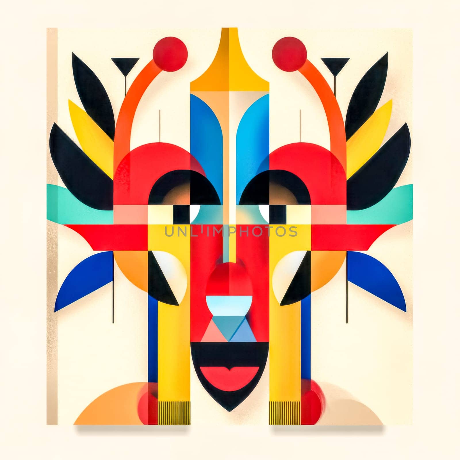 Geometric shapes and vibrant colors combine in a cubist artwork representing a traditional czech mask, blending cultural heritage with modern artistic expression through a striking visual narrative